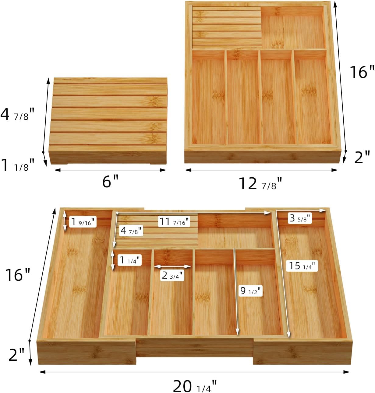 Silverware Organizer with Removable Knife Block - Bamboo Utensil Organizer for Kitchen Drawers Expandable Cutlery Organizer W12.8-20.2" x L16 x H2 (Yellow)