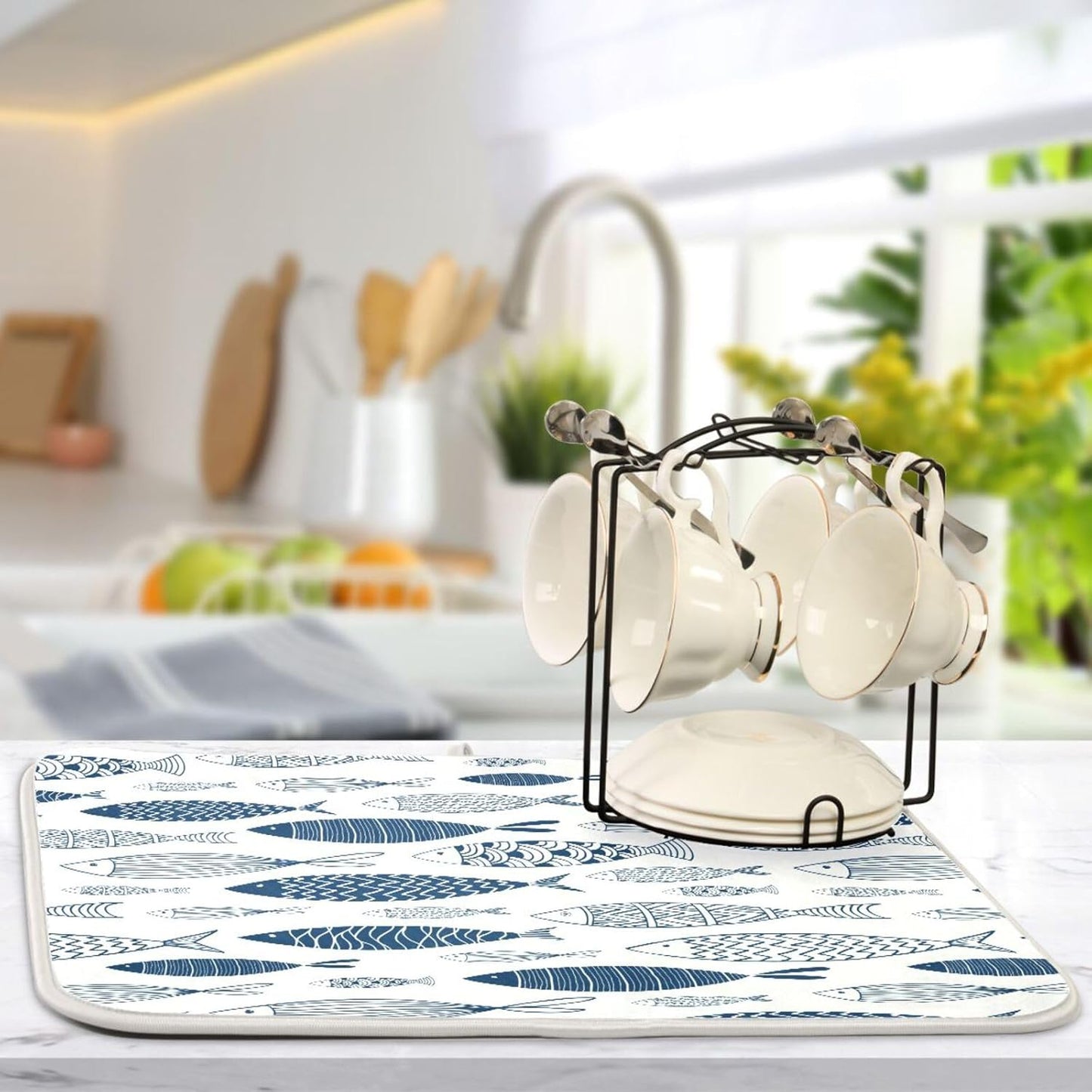 Cartoon Fish Dish Drying Mat for Kitchen Counter Absorbent Microfiber Drying Pad, Medium 16x18 in, Reversible Drainer Mats