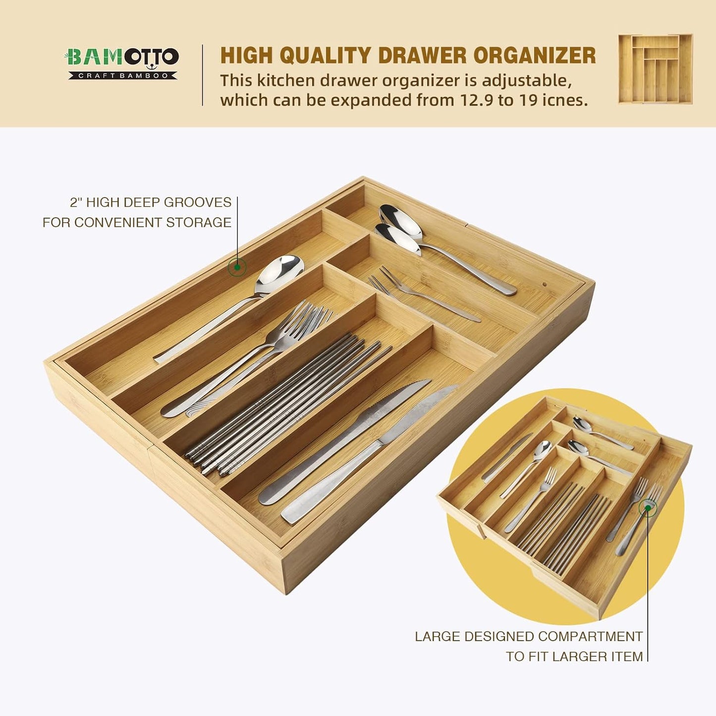 Expandable Bamboo Drawer Organizer – Large 20"x16.9" Size with Adjustable Dividers – for Kitchen Utensils, Knives, Cutlery, Flatware & Silverware Storage Tray