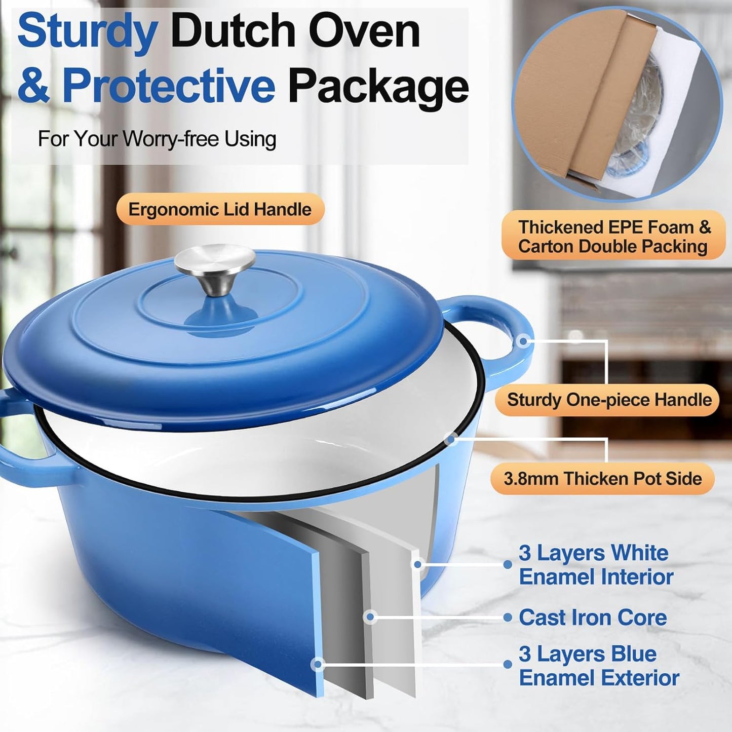 P&P CHEF 7QT Enameled Dutch Oven, Cast Iron Dutch Oven Pot with Lid for Bread Baking, Enameled Casserole Pot for Roasting Braising Stewing Frying Simmering, Various Stoves & Easy Clean, Blue