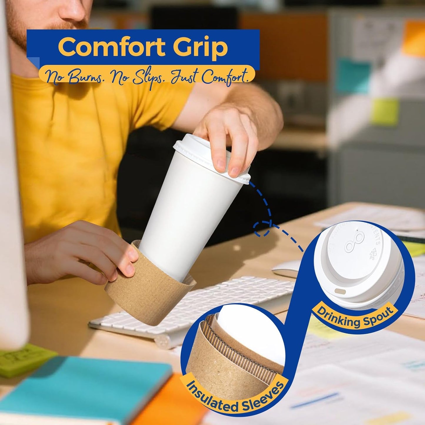 Fit Meal Prep 100 Pack 16 oz Disposable Coffee Cups with Lids, Sleeves, Leak-Proof To Go Coffee Cups with Lids, Durable Hot Paper Cups for Home, Office, Party, Business