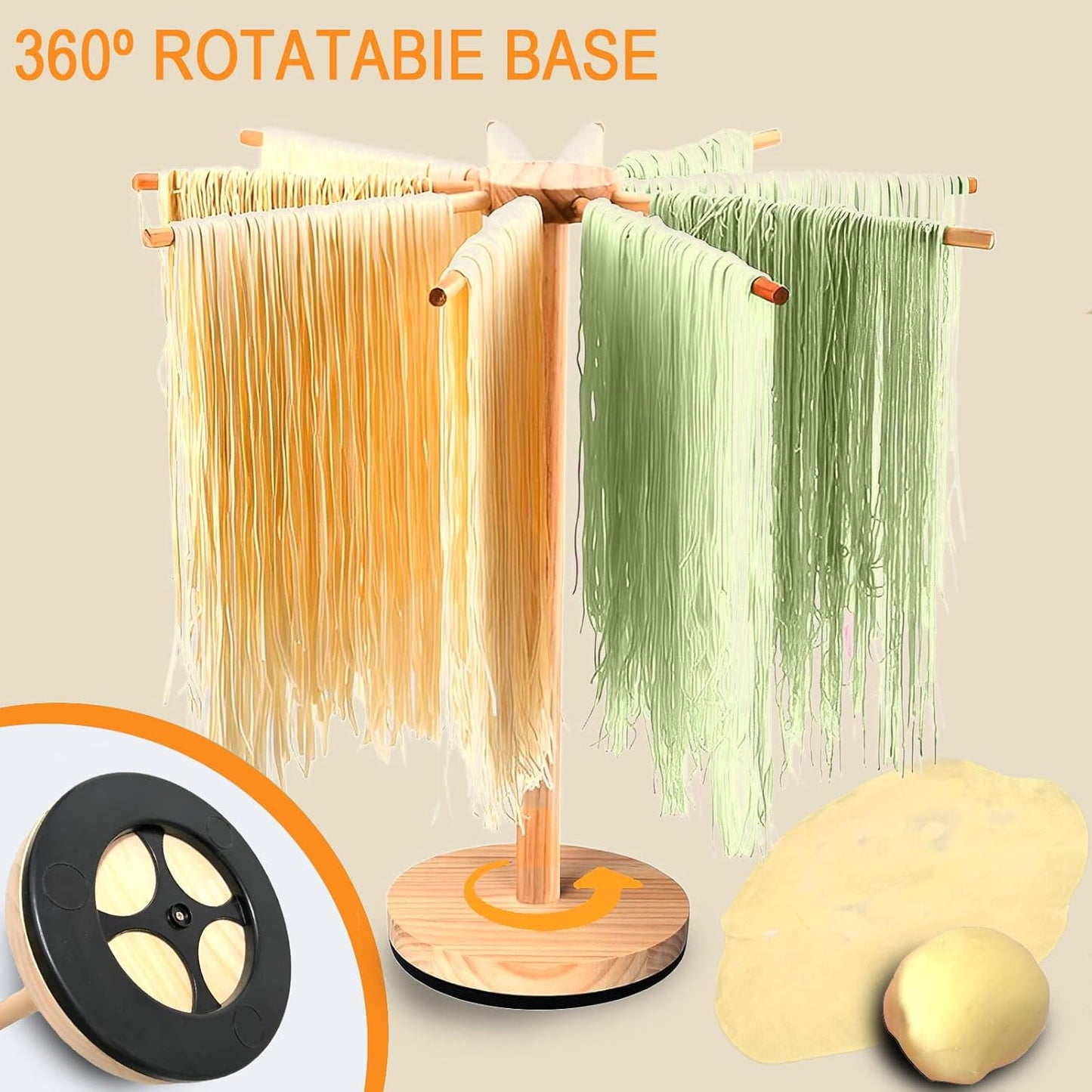 Pasta Drying Rack,Wooden Pasta Dryer Rotatable Collapsible Drying Rack with 9 Rods Quickly Assemble, Fresh Pasta Noodle Spaghetti Dryer Hanger Stand, Easy to Assemble and Store