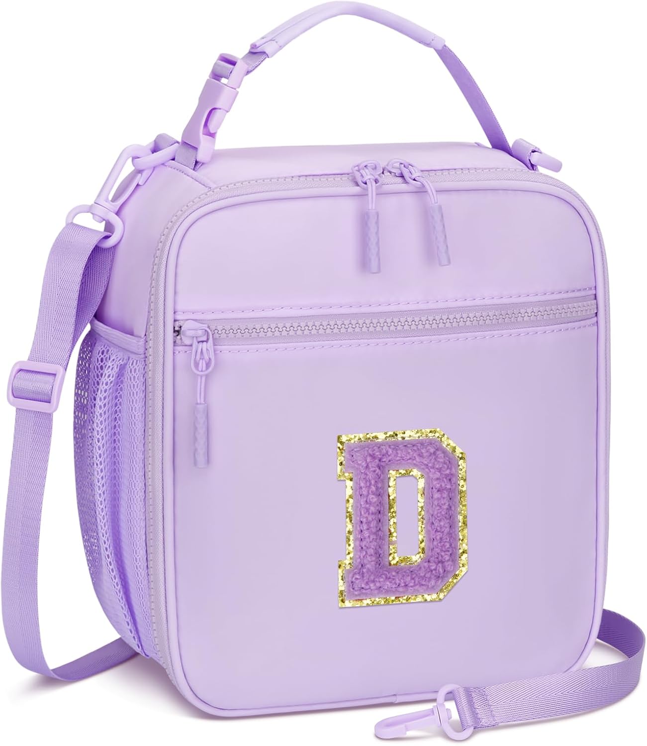 Initial Insulated Lunch Bag for Girls Kids, Back to School Gift, Reusable Leak-proof Lunch Box with Adjustable Strap for School Daycare Travel Picnic (Purple,D)