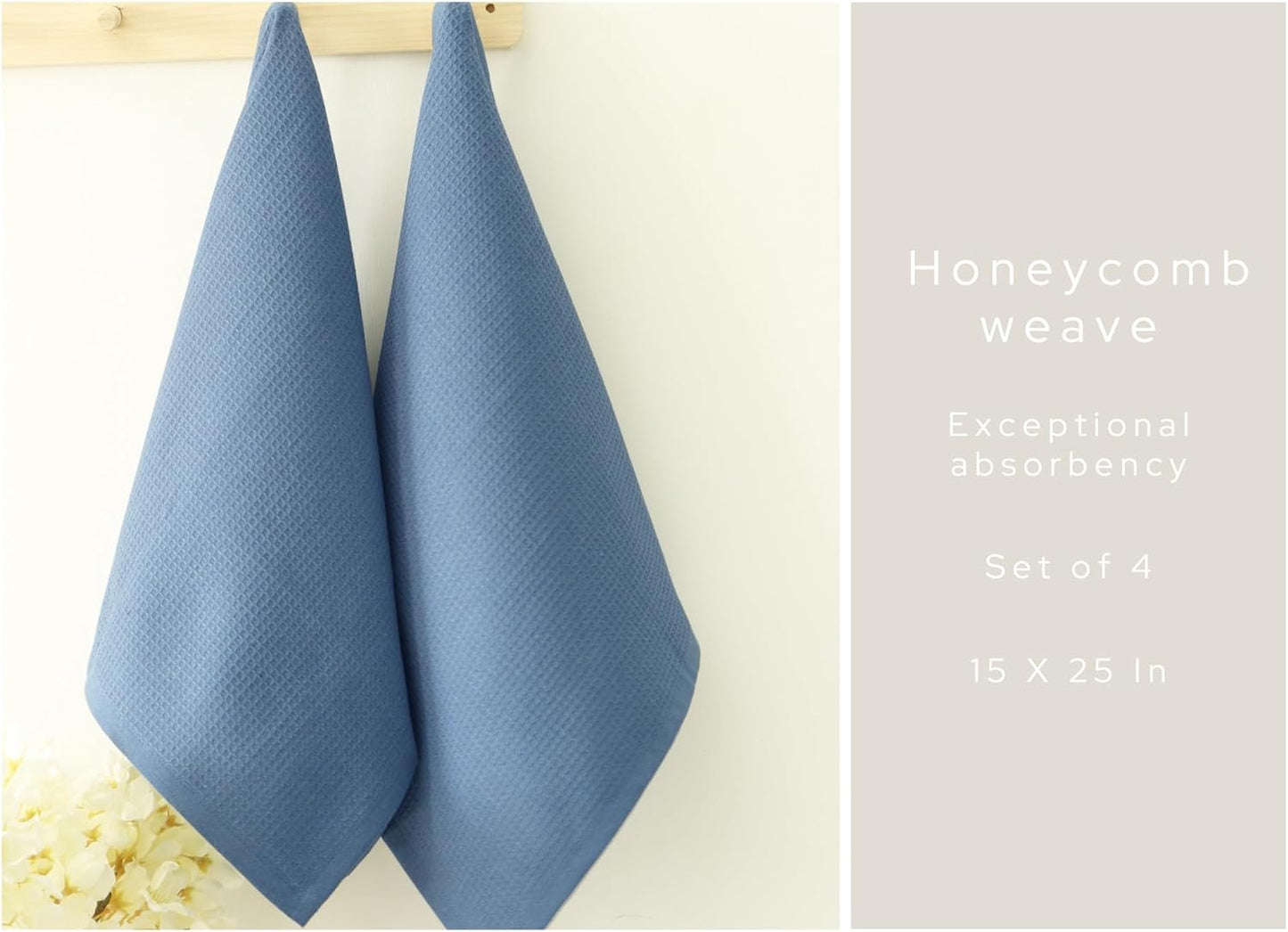 PurpleEssences Waffle Weave Kitchen Towel, 100% Cotton - 15 x 25 Inches, with Hanging Loop Ultra Soft Absorbent Quick Drying Dish Cloth, Tea and Hand Towels, 4 Pack - Spring Summer - Smoky Grey