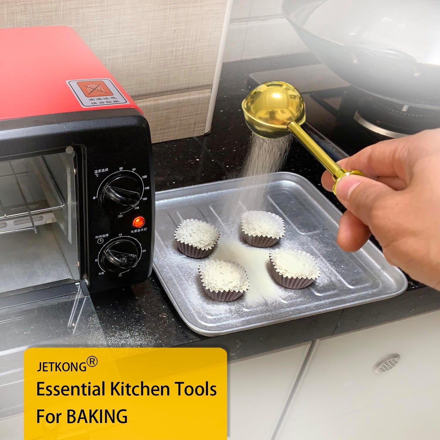 JETKONG Powdered Sugar Shaker Duster Flour Dispenser Shaker with 18/8 Stainless Steel Spring-operated Handle for Sugar Flour and Spices (Gold)