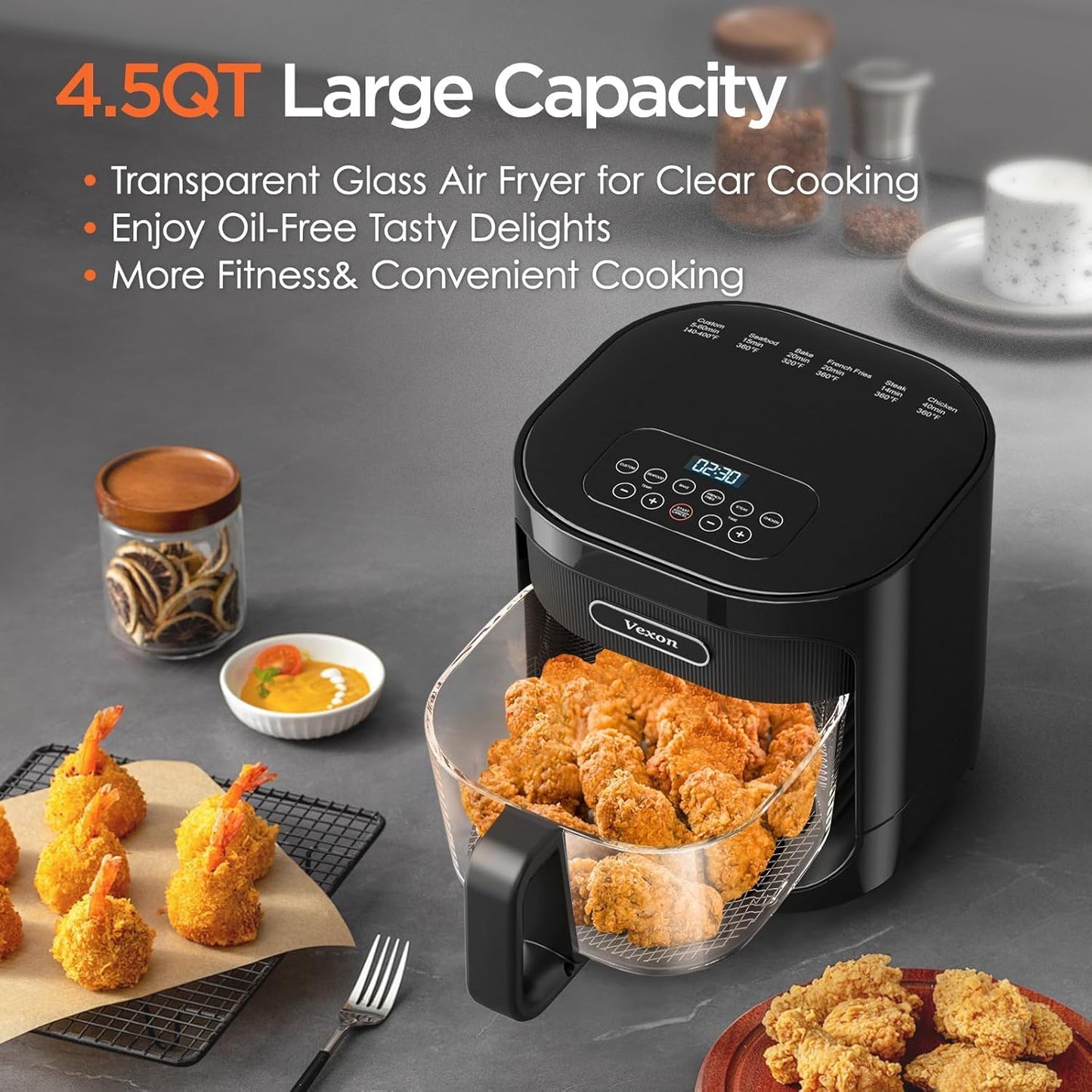 4.5QT Large Air Fryer – See-Through Glass, 360° Hot Air and Auto Shut-Off for Golden, Crispy Food