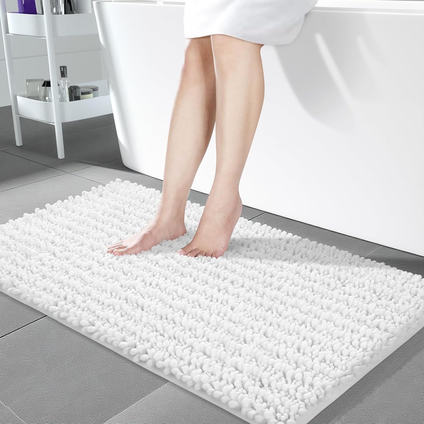 Yimobra Bathroom Runner Rug 55x24 Inch - Extra Long Non Slip Chenille Bath Mat, Soft & Absorbent, Machine Washable Shaggy Hallway Carpet for Vanity Tub Shower, White Home Decor Accessories
