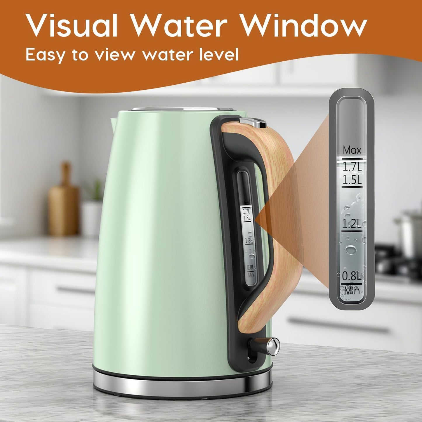 Electric Kettle for Boiling Water, 1.7L Visual Water Window Stainless Steel Electric Water Kettle, 1500W BPA-Free Hot Water Kettle Pot, Auto Shut Off & Boil-Dry Protection, Green
