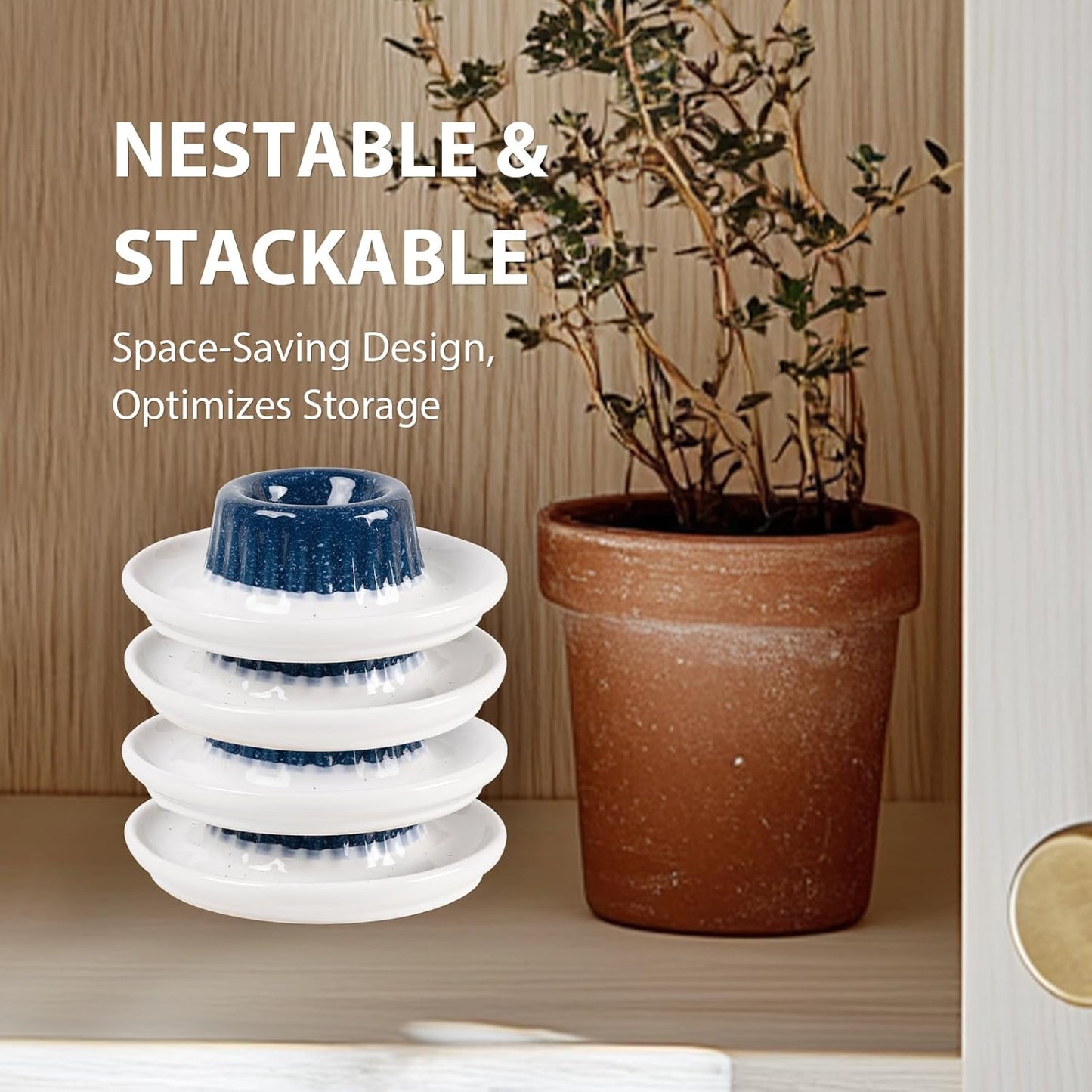 INGOFIN 2 Pcs Ceramic Egg Cups, Soft Boiled Egg Holders Set, Classic Porcelain Stackable, Easy to Clean Tray, Decorative Serving Dish for Breakfast, Easter or Kitchen, Starry Blue&Beige