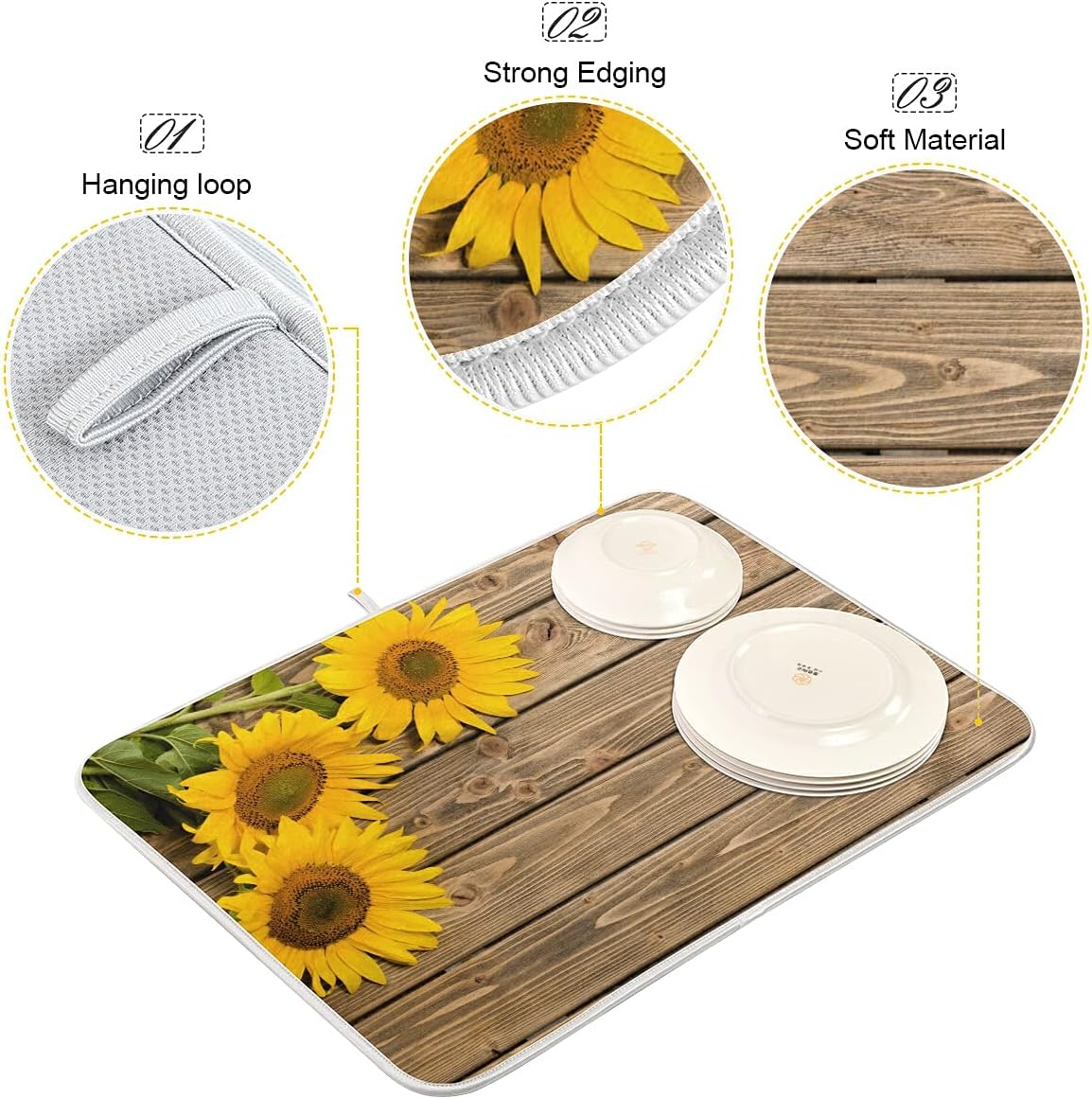 Super Absorbent Dish Drying Mat, Microfiber Fast-Drying Dish Mat, 24" x 18", Kitchen Dish Drying Pad, Sunflowers On The Wooden