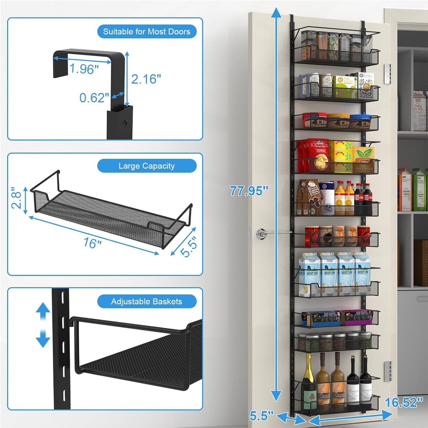 Over the Door Organizer, 10-Tier with Adjustable Bins - Kitchen Storage, Black