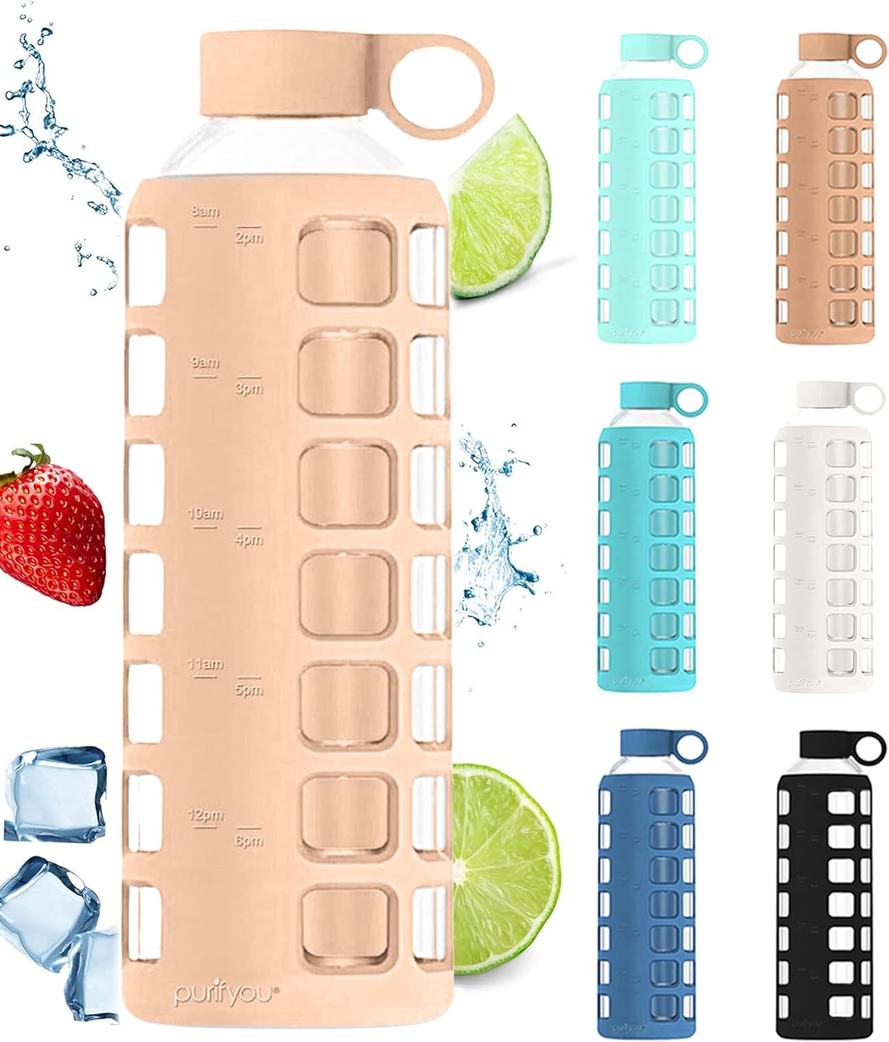 purifyou 40oz / 32oz / 22oz / 12oz Borosilicate Glass Water Bottle with Time & Volume Markers, Silicone Sleeve, Stainless Steel Lid – Reusable Glass Bottle for Water & Juice (40oz Hazelnut)