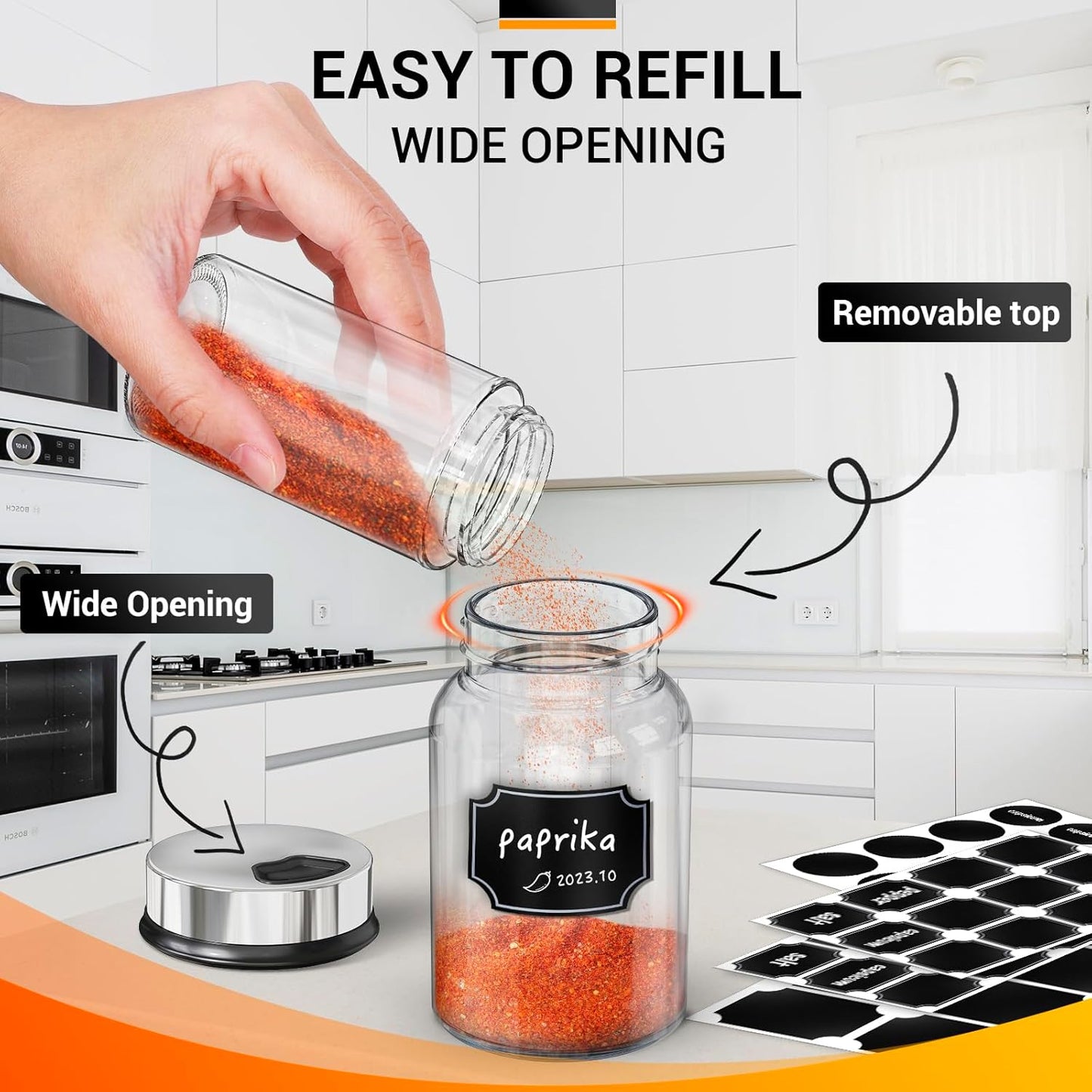 Segarty Spice Jars with Labels, 6 Pack 5oz Glass Spice Containers with Lids, Empty Clear Salt Shakers for Kitchen Condiment Storage, Spice Bottles Set with 136 Stickers, 1 Marker Pen and 1 Brush