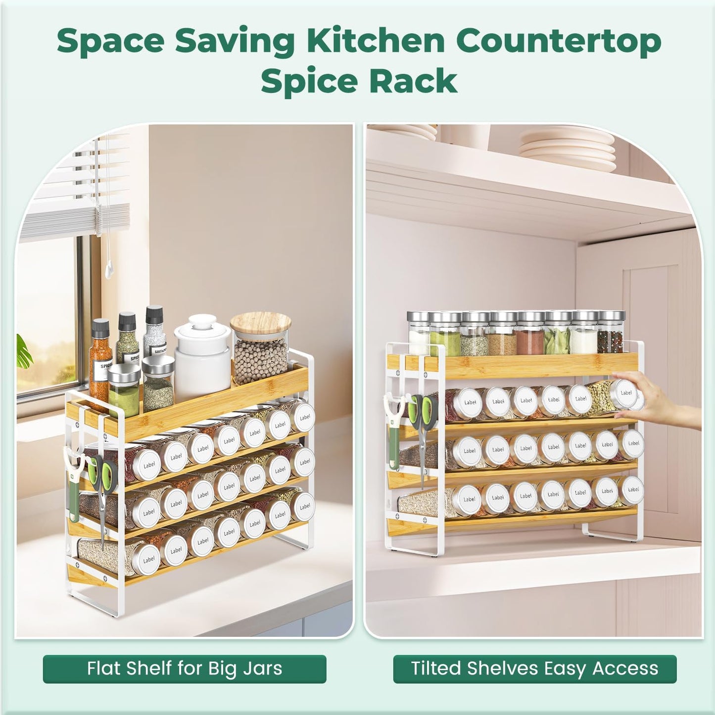 EsLuker.ly Spice Seasoning Rack Organizer Kitchen Countertop, 4 Tier Bamboo Spice Shelf Holder Storage with 4 Hooks, Wall Mounted Freestanding Stand for Pantry, Bamboo-White(Jars Not Included)