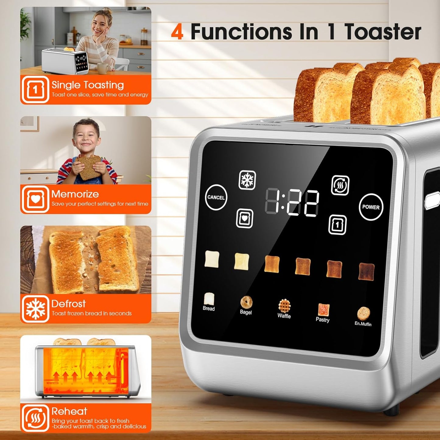 4-Slice Smart Toaster with Touch Screen | 1400W Fast Even Toast & Stainless Steel | 2x1.5" Extra-Wide Slots for Bagels | Memory Function, 6 Shade Settings
