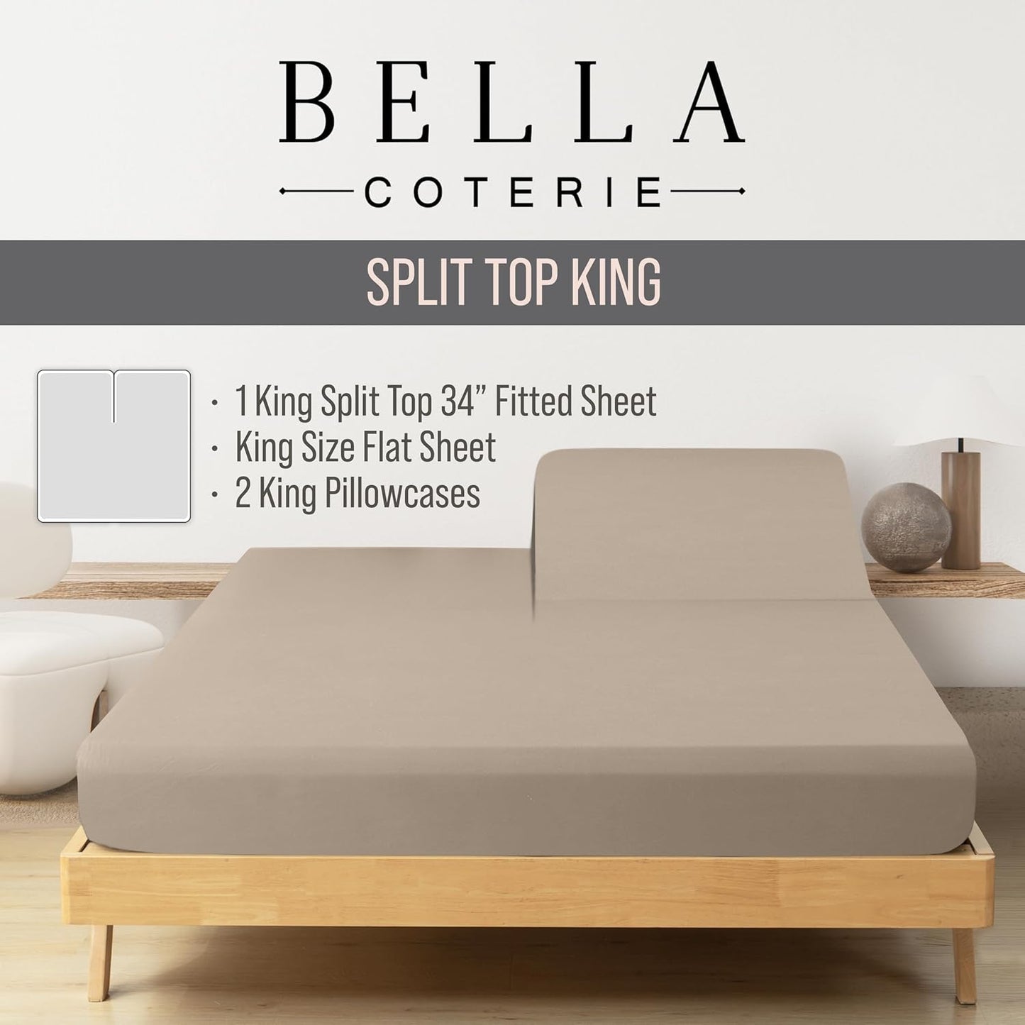 Bella Coterie Luxury Bamboo Viscose Split Top King Size Sheet Set | 100% Organically Grown | Ultra Soft | 34" Split | Cooling for Hot Sleepers | 18" Deep Pocket [Dune]