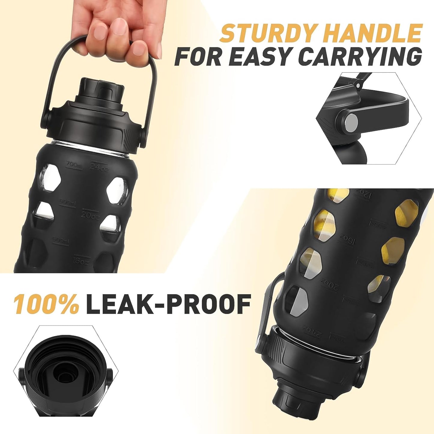 MUKOKO Glass Water Bottles, 24oz Glass Tumbler with Straw, Drinking Bottles with 2 Lids-Handle Spout Lid&Bamboo Straw Lid, Motivational Water Bottle with Time Marker and Silicone Sleeve, 1 Pack-Black