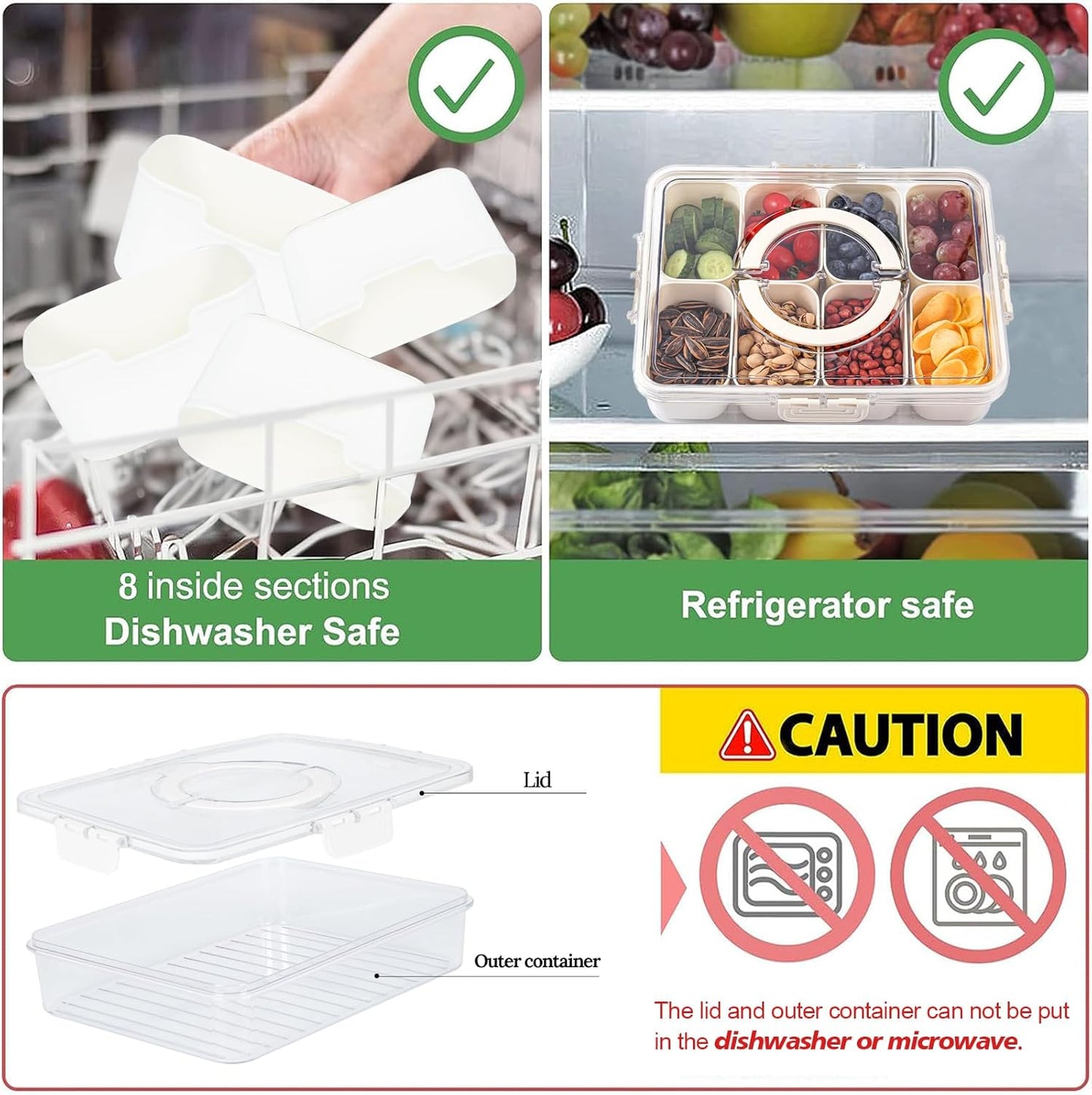 shopwithgreen 2Pcs Divided Serving Tray with Lid and Handle, Portable Snackle Box Snack Containers for Charcuterie, Party, Veggies, Snack, Fruit, Nuts, Candy, Chip, Entertaining, Picnic