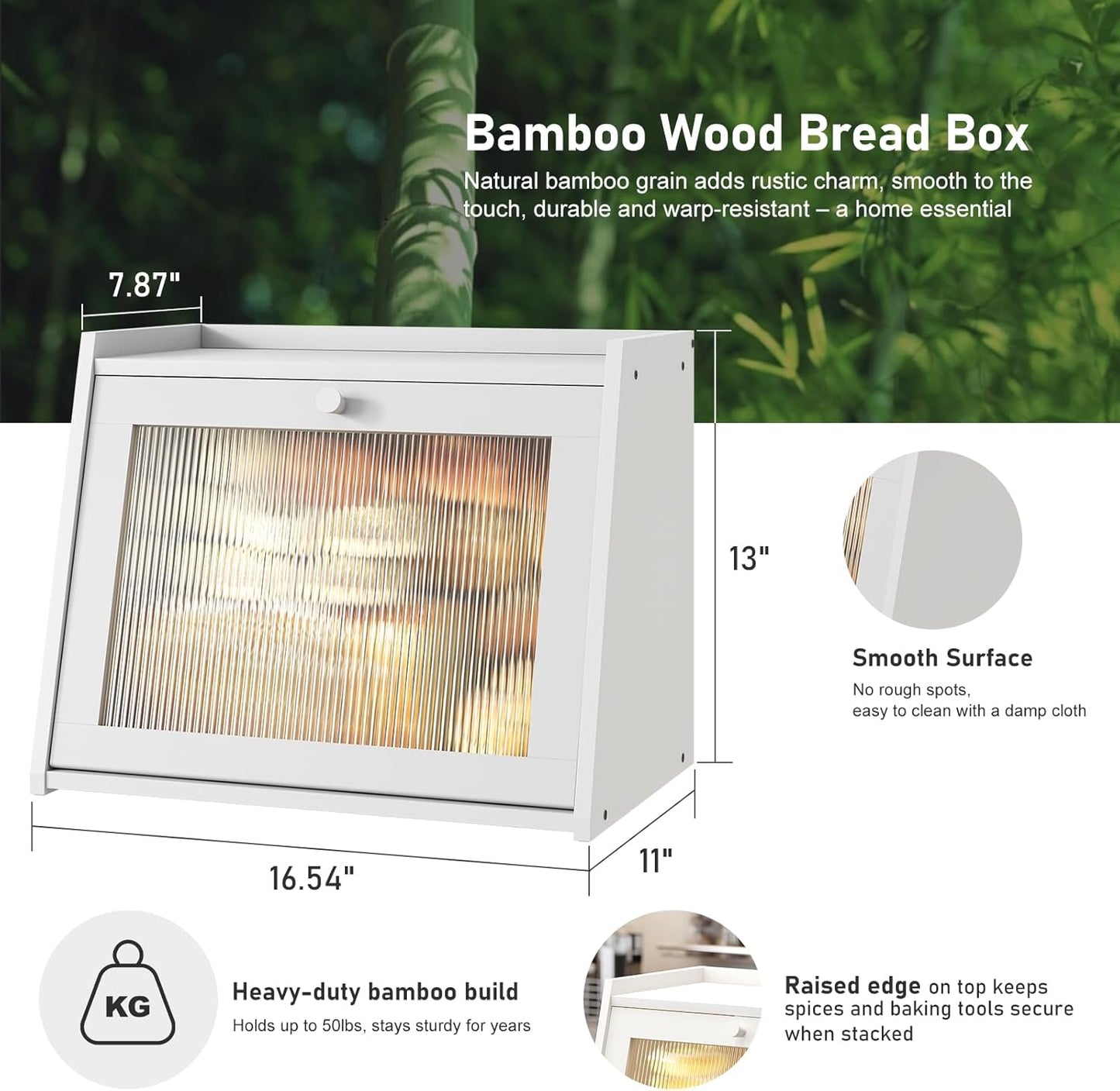 Large Bread Box for Kitchen Counter, White Bamboo Bread Storage Container with Wavy Arcylic Transparent Door, Bamboo Wooden Farmhouse Bread Box for Your House