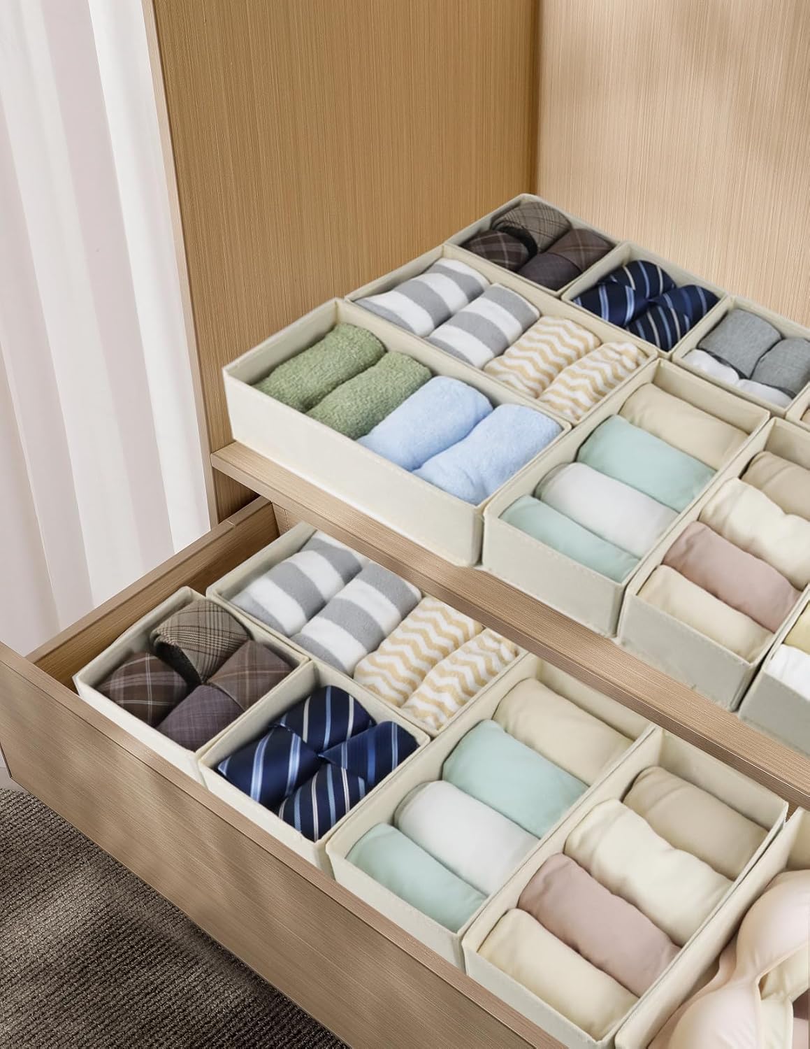 Set of 12 Drawer Organizer, Fabric Closet Organizer and Storage Baskets,Foldable Drawer Divider for Clothing,Sock,Ties,Underwear Drawer Organizers,Set of Cabinet Storage Boxes (Beige)