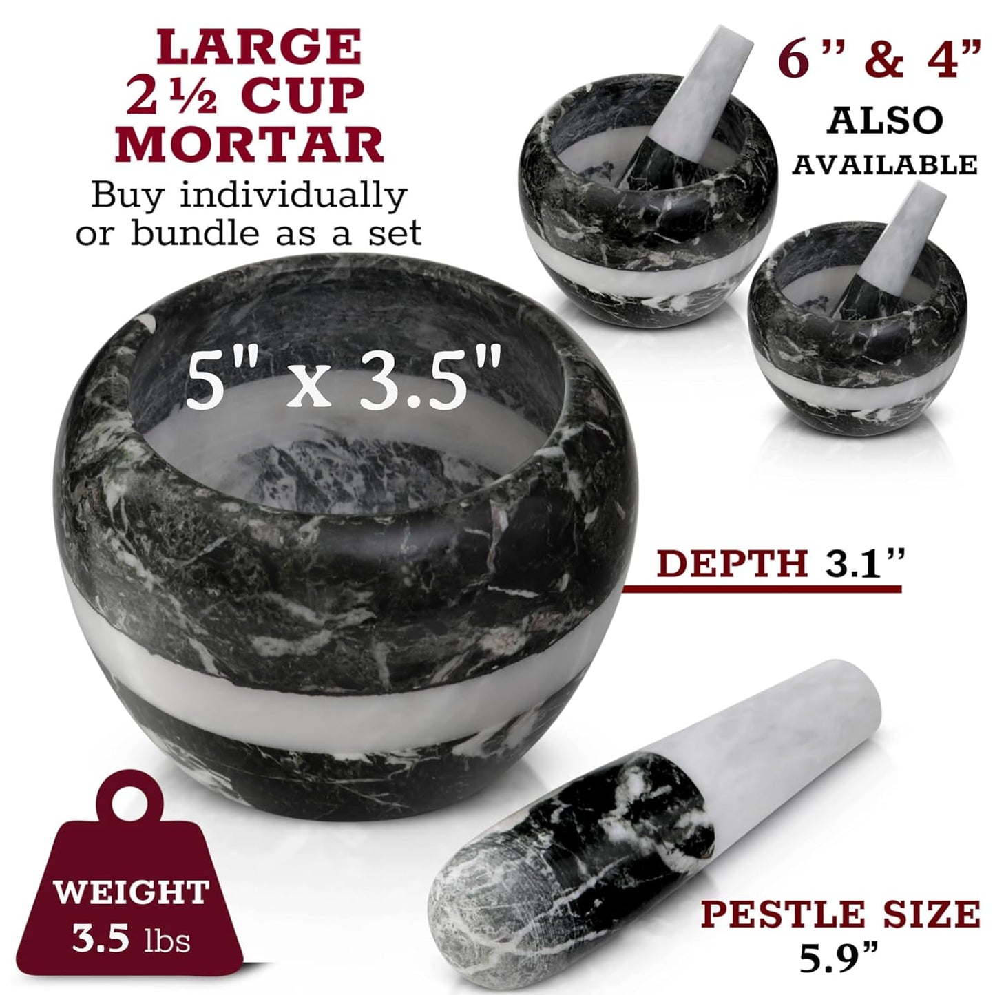 Gusto Nostro Natural Marble Mortar and Pestle Set | 5 Inch - 2.5 Cup Large Mortar Pestle Set for Grinding Herbs, Nuts, Grains | Pesto Grinding and Guacamole Stone Bowl | Marble Spice Crusher