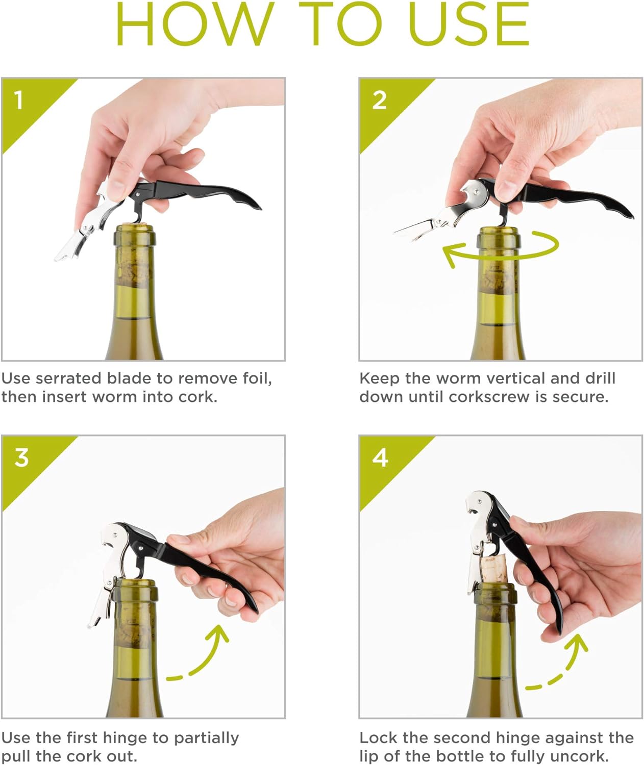 True Brands TrueTap Double Hinged Waiters Corkscrew, Top-notch Stainless Steel Opener with Foil Cutter Built to Last Wine Key Natural, Set of 1