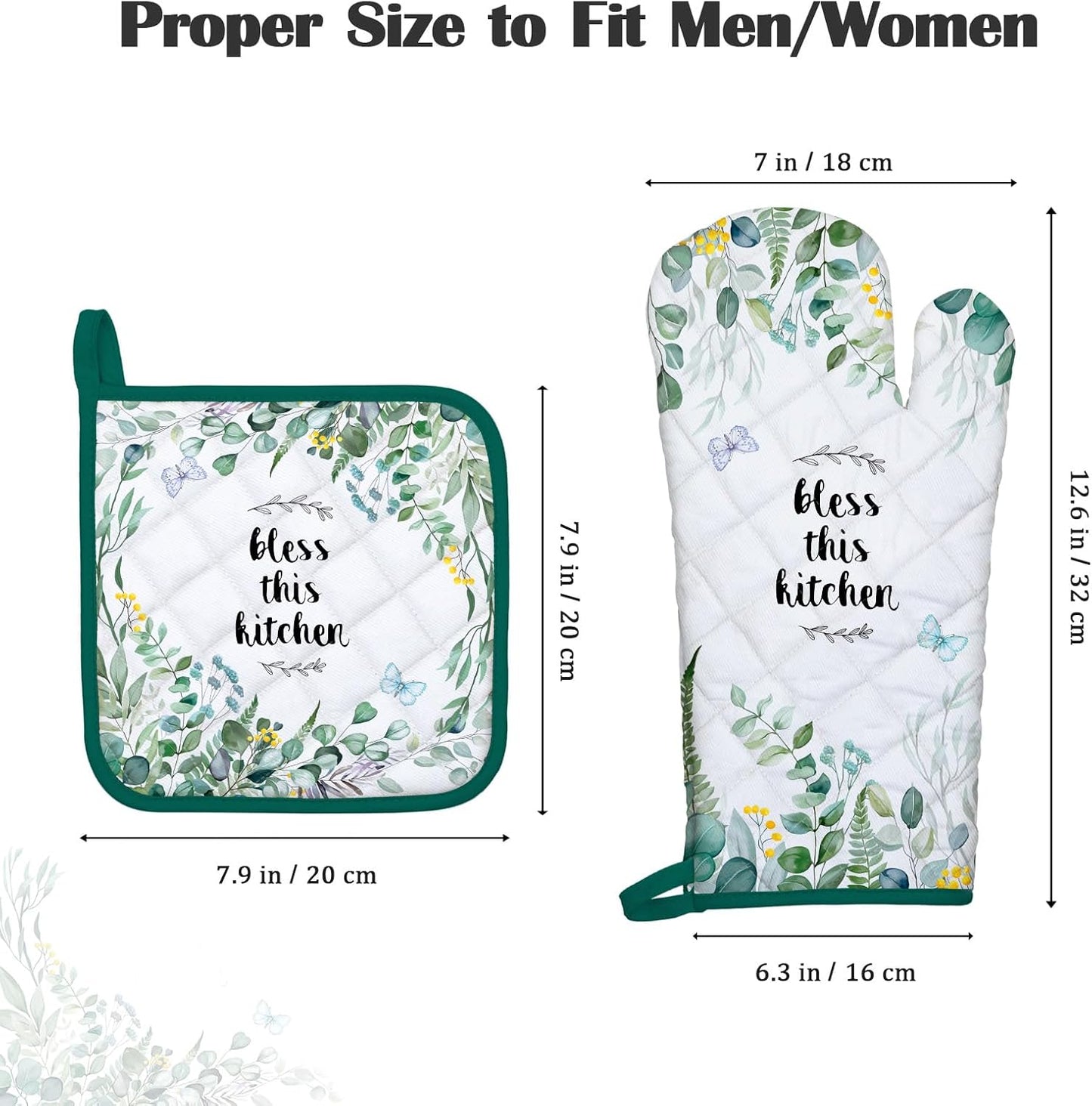 Eucalyptus Leaf Oven Mitts and Pot Holders Sets 2Pcs, 100% Cotton Heat Resistant, Extra Long Oven Gloves Potholder for Kitchen Cooking Baking Decoration