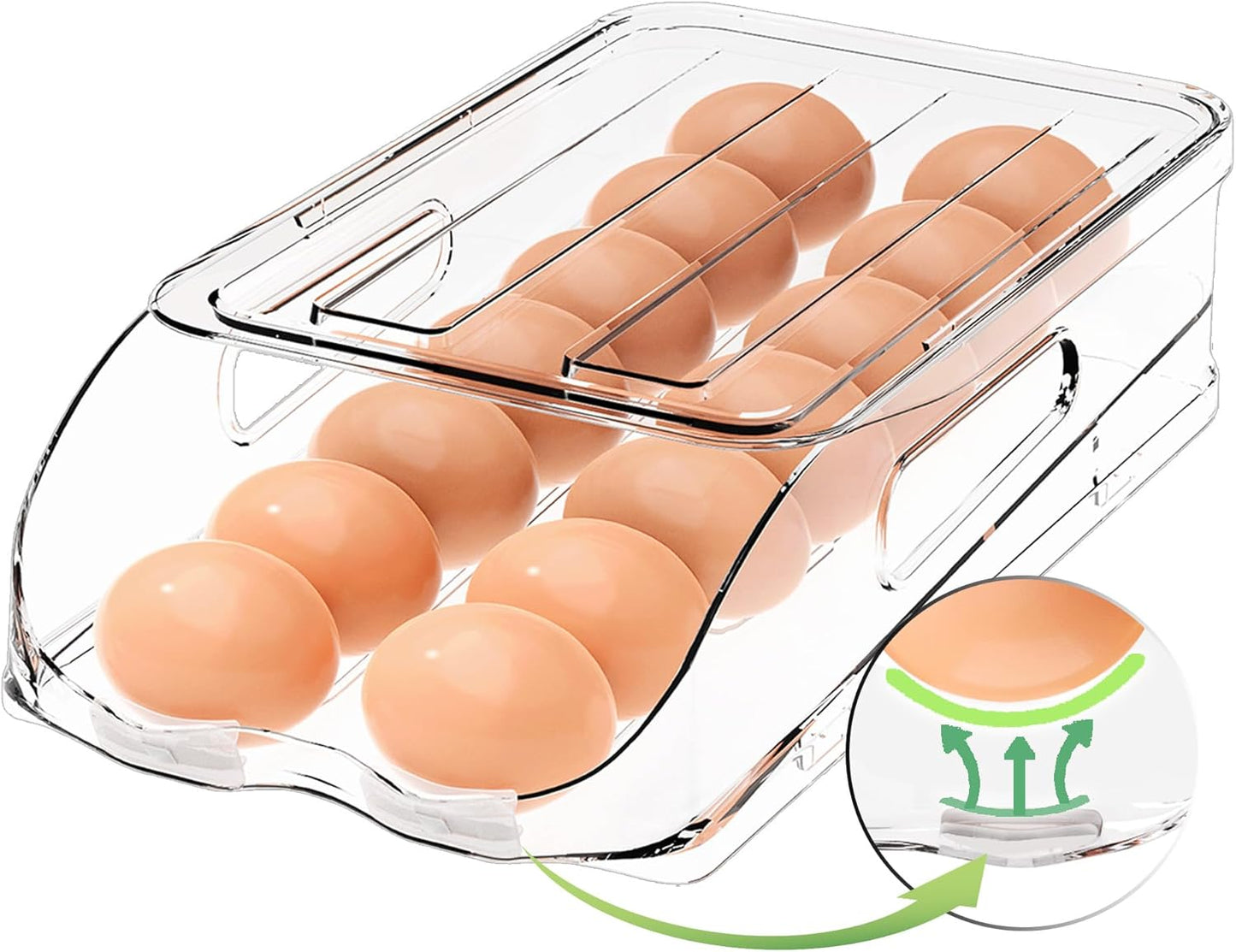 Egg Holder for Fridge, Automatic Steady Rolling Egg Container with Soft Bumpers & Handle for Refrigerator, Stackable Fridge Organizers and Storage with Lid