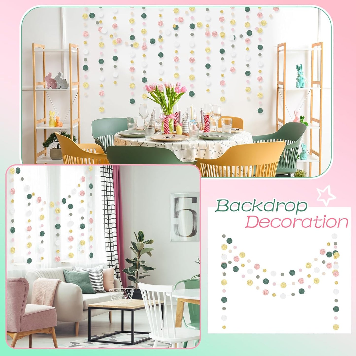 Outus 5 Pieces Colorful Dots Paper Garland Round Glitter Garland Hanging Confetti Streamers Backdrop Decoration for Birthday Classroom Candy Sprinkles Trunk or Treat Party (Sage Green,Pink,Gold)