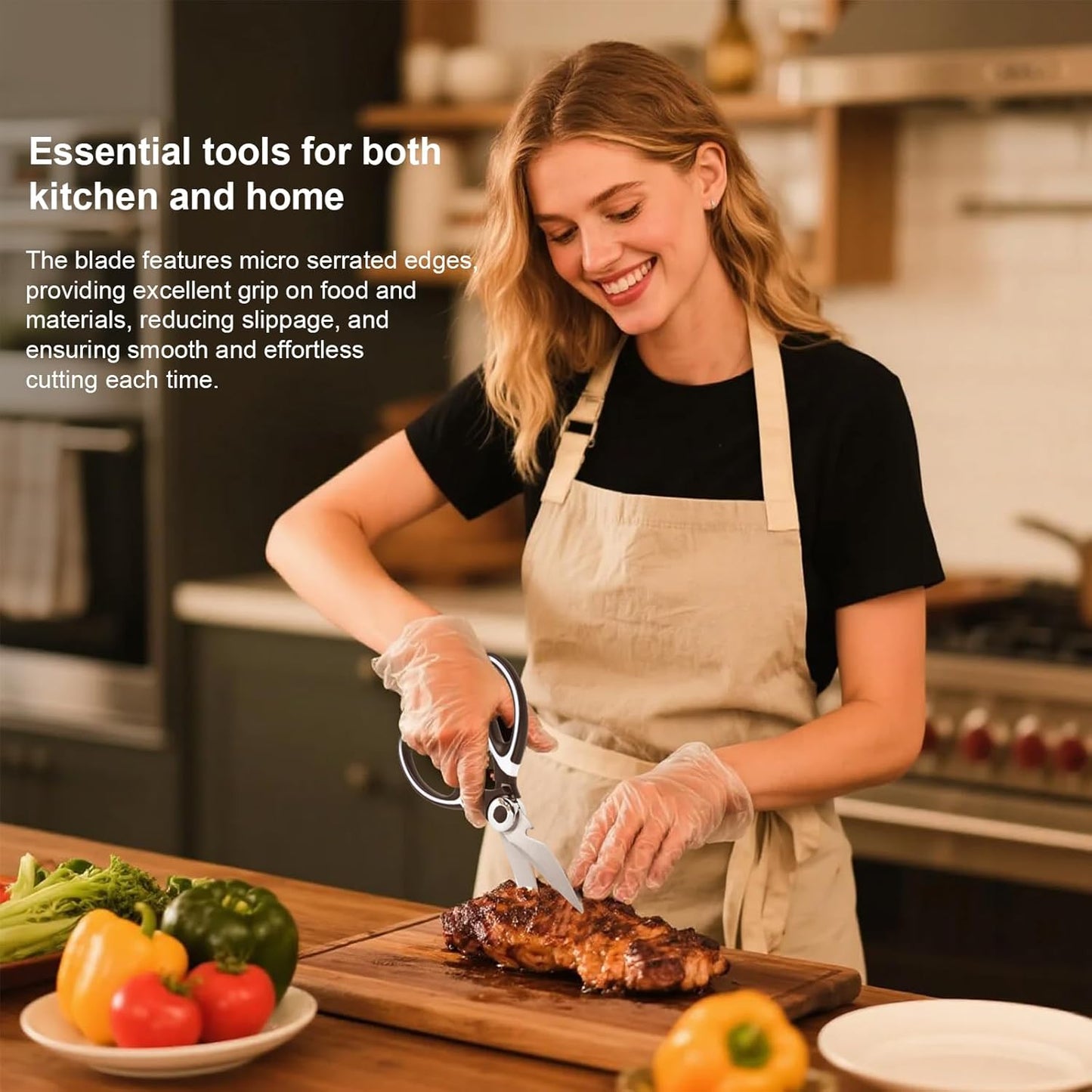 Kitchen Scissors Utility Chopping Scissor Professional Shears for Meat Cutting Sharp Kitchenad Shears Multipurpose Scissor for Food Outdoor BBQ No Rust + 100 Pcs Plastic Gloves Disposable