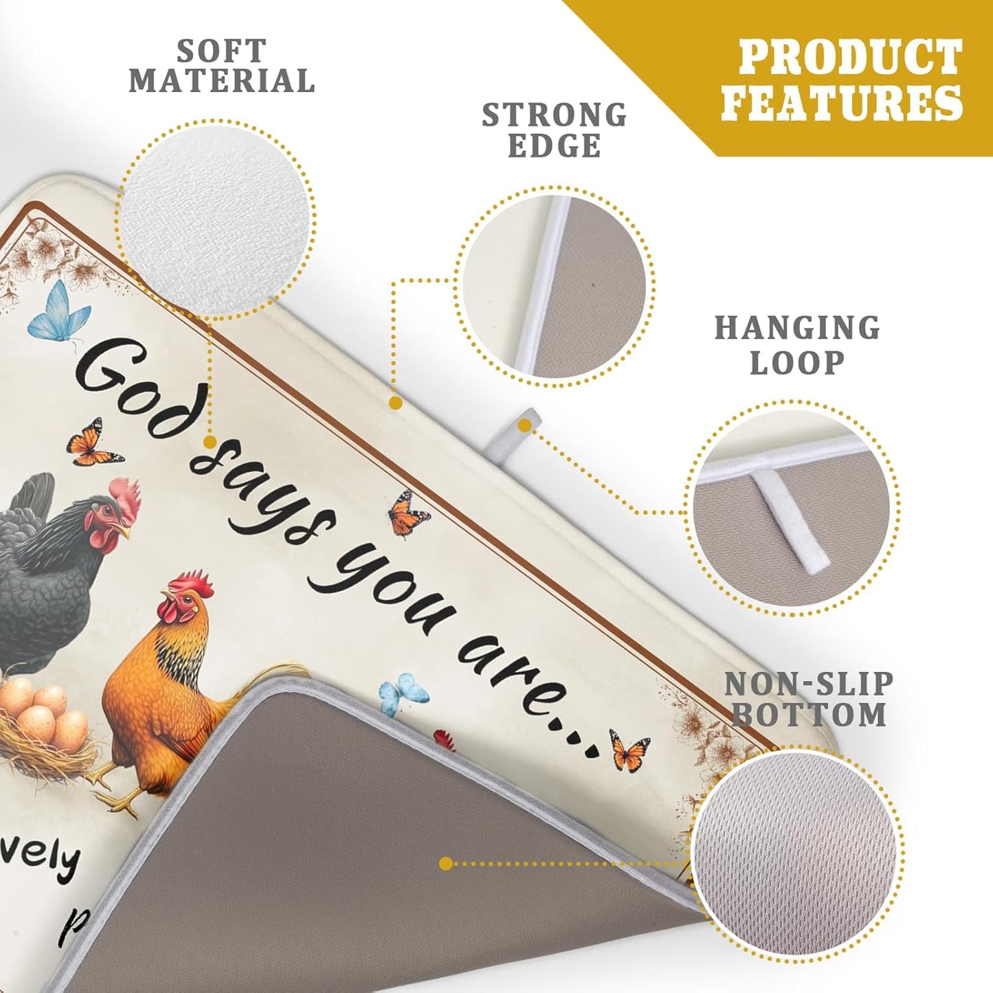 Farmhouse Rooster Dish Drying Mat - Vintage Chicken Absorbent Microfiber Dish Drying Pad for Kitchen Coffee Bar