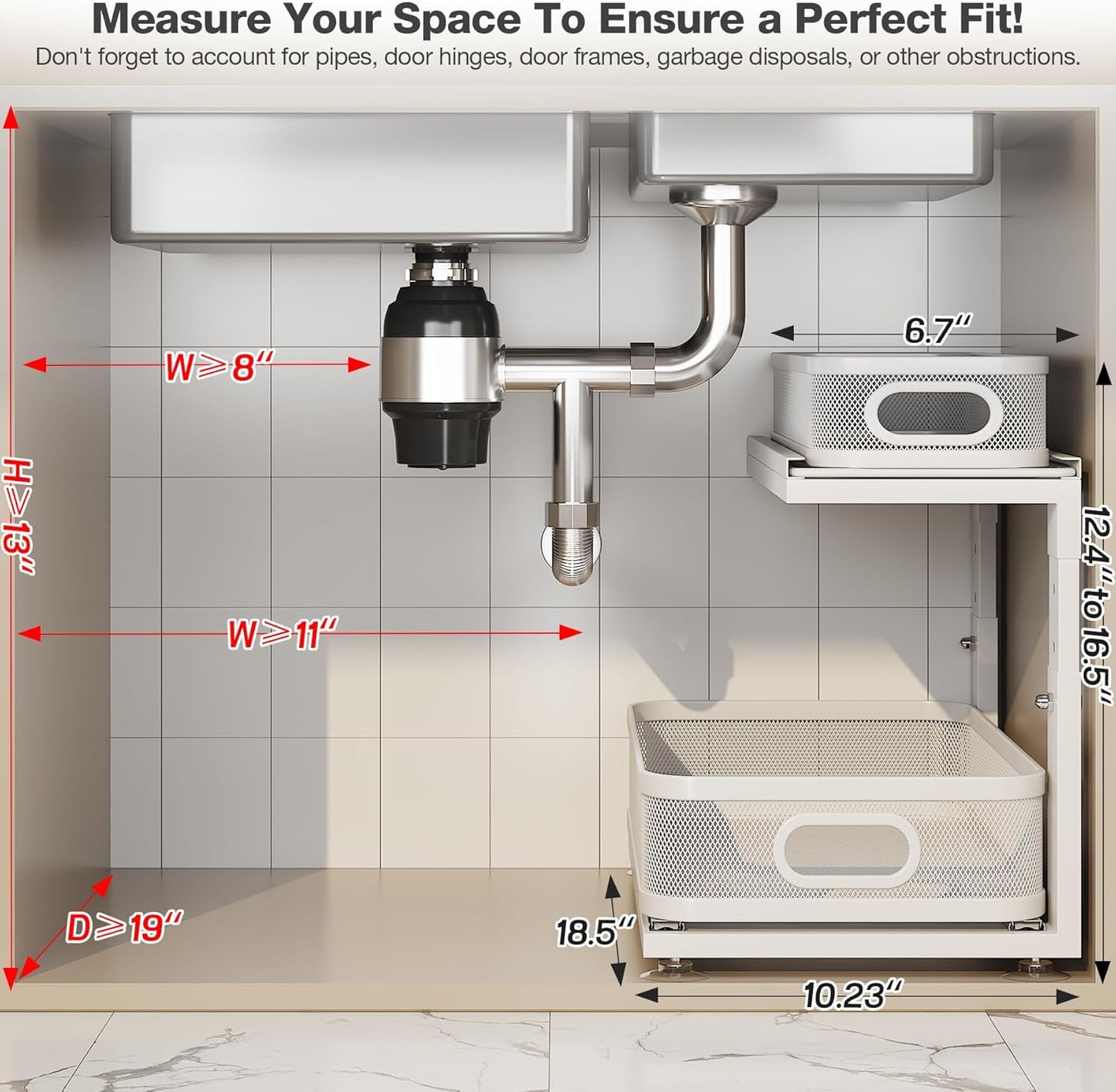 2 Pack 18.5IN-Depth Under Sink Organizer With Next-Gen Ball-Bearing Slides,2-Tier Precision Mesh Pull Out Cabinet Storage for Bathroom&Kitchen,Height Adjustable Drawers Shelf,Anti-rust-White