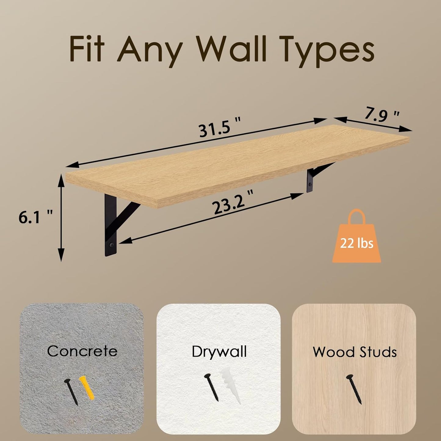 DINZI LVJ Long Wall Shelves, 31.5 Inch Wall Mounted Shelves Set of 2, Easy-to-Install, Wall Storage Ledges with Sturdy Metal Brackets for Living Room, Bathroom, Bedroom, Kitchen, Natural