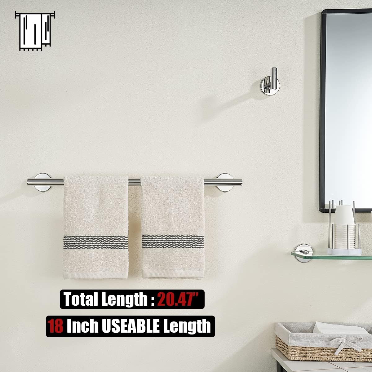 JQK Chrome Towel Bar, 20.5 Inch 304 Stainless Steel Thicken 0.8mm Towel Rack Bathroom, Towel Holder Polished Finished Wall Mount, Useable Length 18 Inch 2 Pack, TB110L18-CH-P2