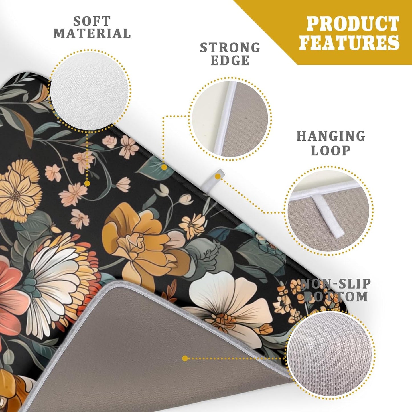 Vintage Floral Dish Drying Mat 18x24 inch Boho Flower Drainer Mats Fast Dry Absorbent Washable Dish Rack Pad Protector Kitchen Accessories