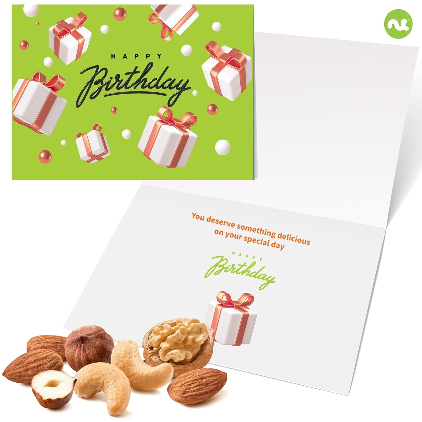 NUT CRAVINGS Gourmet Collection - Happy Birthday Treats, Nuts & Dried Fruits Tower Gift Basket with Bday Ribbon (12 Assortments) Food Arrangement, Healthy Snack Care Package, Food Assortments