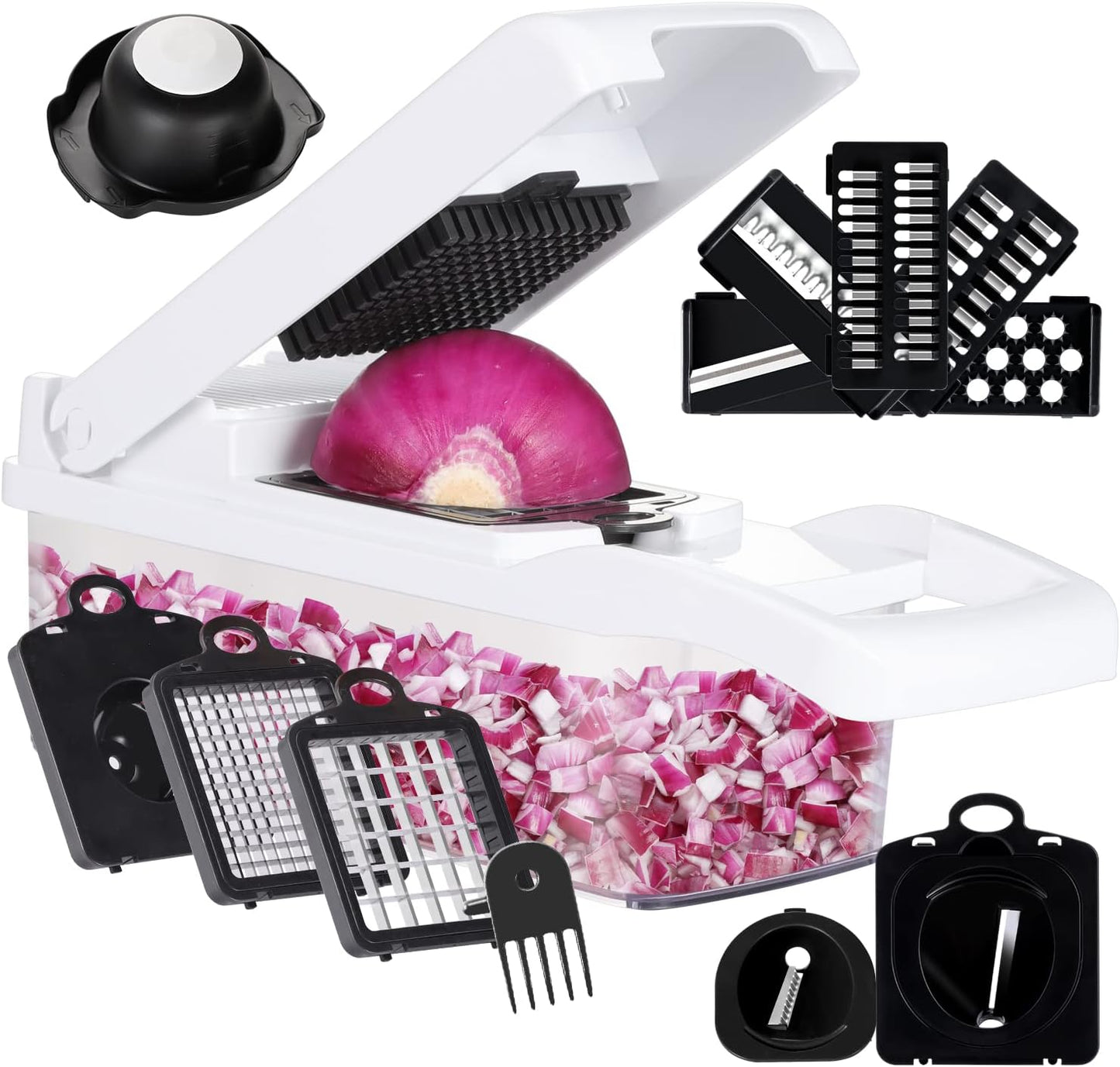 KEOUKE Vegetable Chopper Mandoline Slicer Pro - 16 in 1 Interchangeable Blades Food Chopper with Container, Hand Guard & Drainer, Veggie Dicer Spiralizer Kitchen Gadget for Onion, Cucumber, Fruit