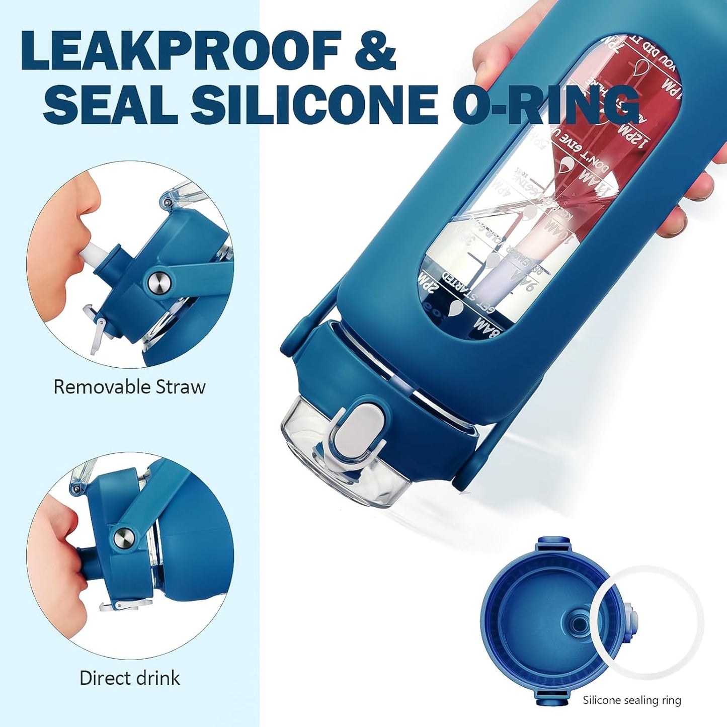 kytffu 42oz Glass Water Bottles with Straw, Motivational Glass Bottle with Silicone Sleeve and Time Marker, Leakproof Large Glass Water Jug for Gym Home Office,Iron Blue