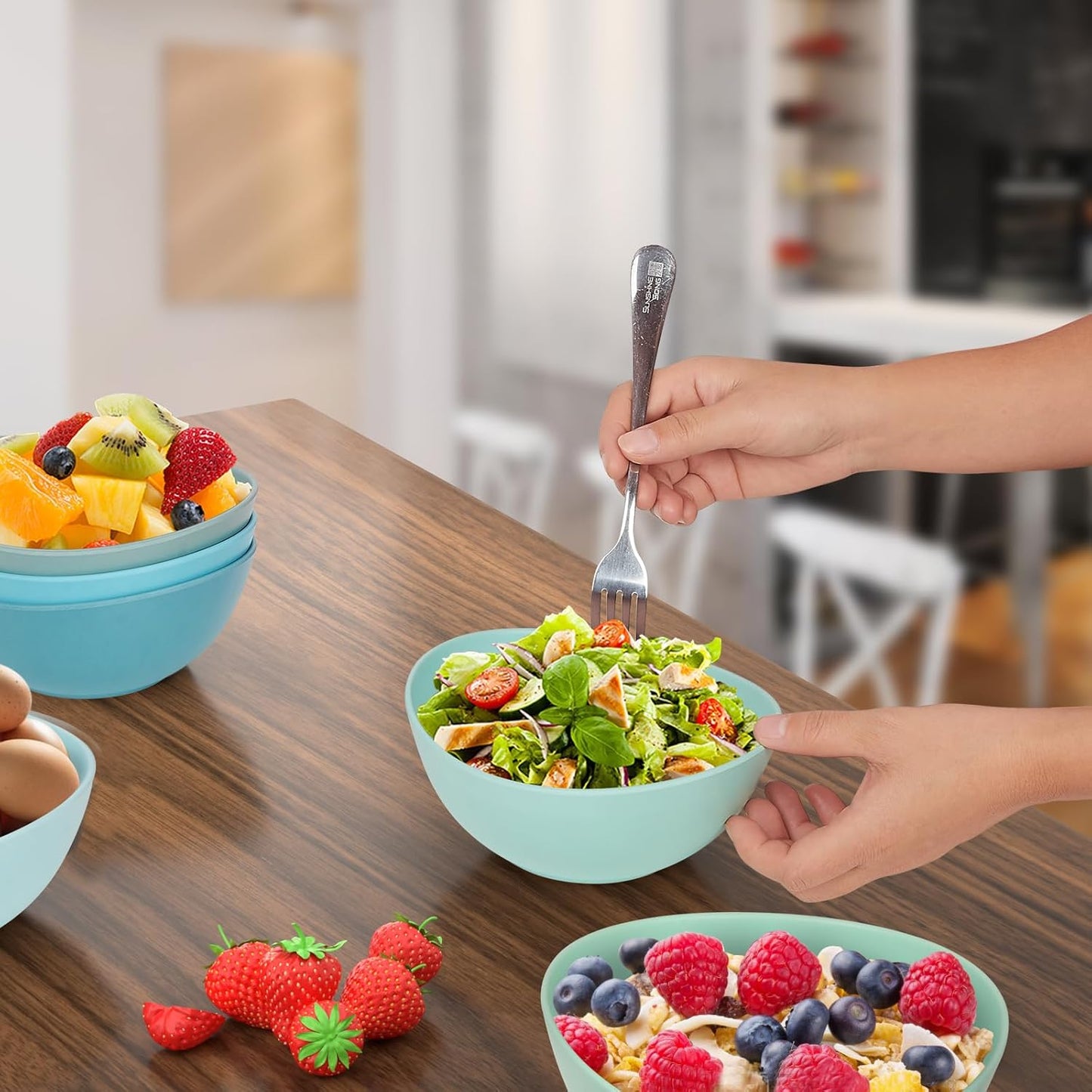 6.2'' Bamboo Fiber Cereal Bowls Set of 6, Soup Bowls 24 Oz for Serving Salad, Snack, Side Dishes, Colourful Oval Lightweight Bowls for Breakfast, Lunch and Dinner, Dishwasher&Freezer Safe (Turquoise)