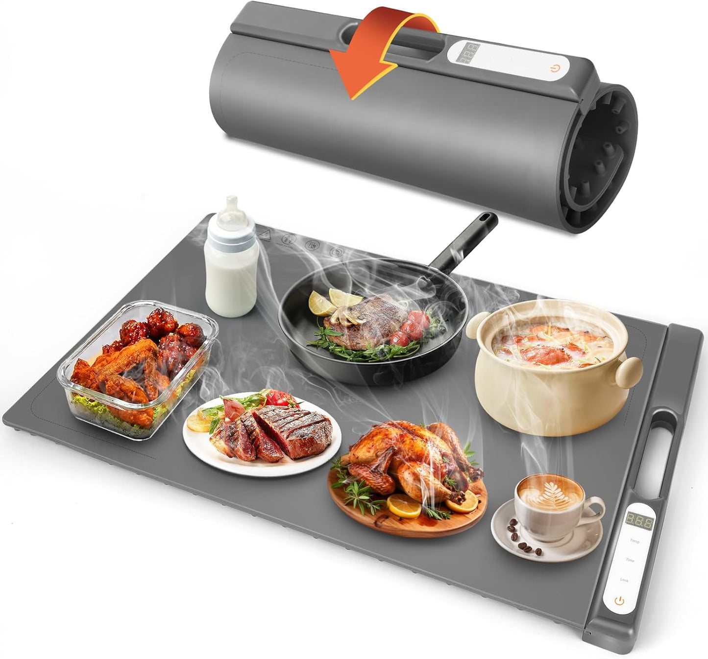 Warming Mat for Food,10S Quick Heat Electric Warming Tray with 8 Levels of Temperature Settings,Silicone Roll-Up Design,Auto Shut Off (1-4H),Portable Food Warmer for Buffet/Home/Travels/Parties