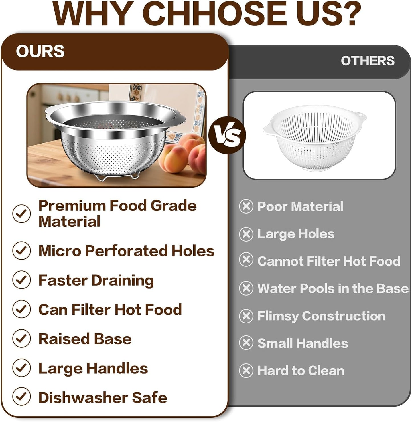 Stainless Steel Colander for Kitchen, Stainless Steel Strainer, Pasta Strainer for Spaghetti Fruits Vegetables Cooking Food, 3 Pcs Strainers and Colanders(2QT, 3QT, 5QT), Dishwasher Safe, Silver