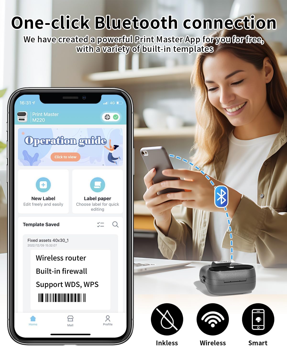 Phomemo Label Printer, M220 Thermal Bluetooth Barcode Label Maker, for Home, Office, School, Compatible with Phone & Laptop