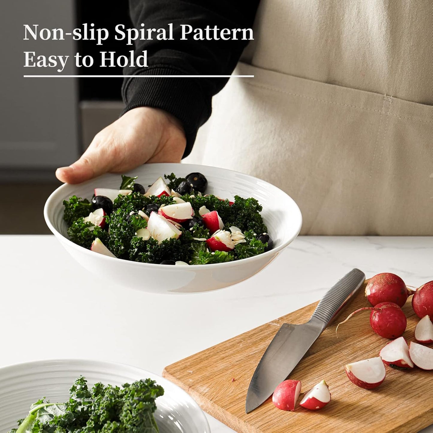 Y YHY 26 Ounces Porcelain Pasta Salad Bowls, White Soup Bowl Set, Wide and Shallow, Set of 6, Spiral Pattern, Christmas Thanksgiving