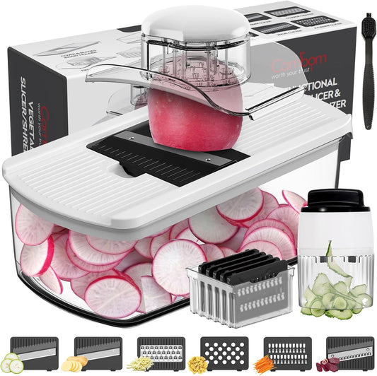 Cambom Mandoline Slicer Vegetable Slicer Spiralizer With 2 L Container for Potatoes, Tomatoes, Cucumbers, Carrots With 6 Blades White