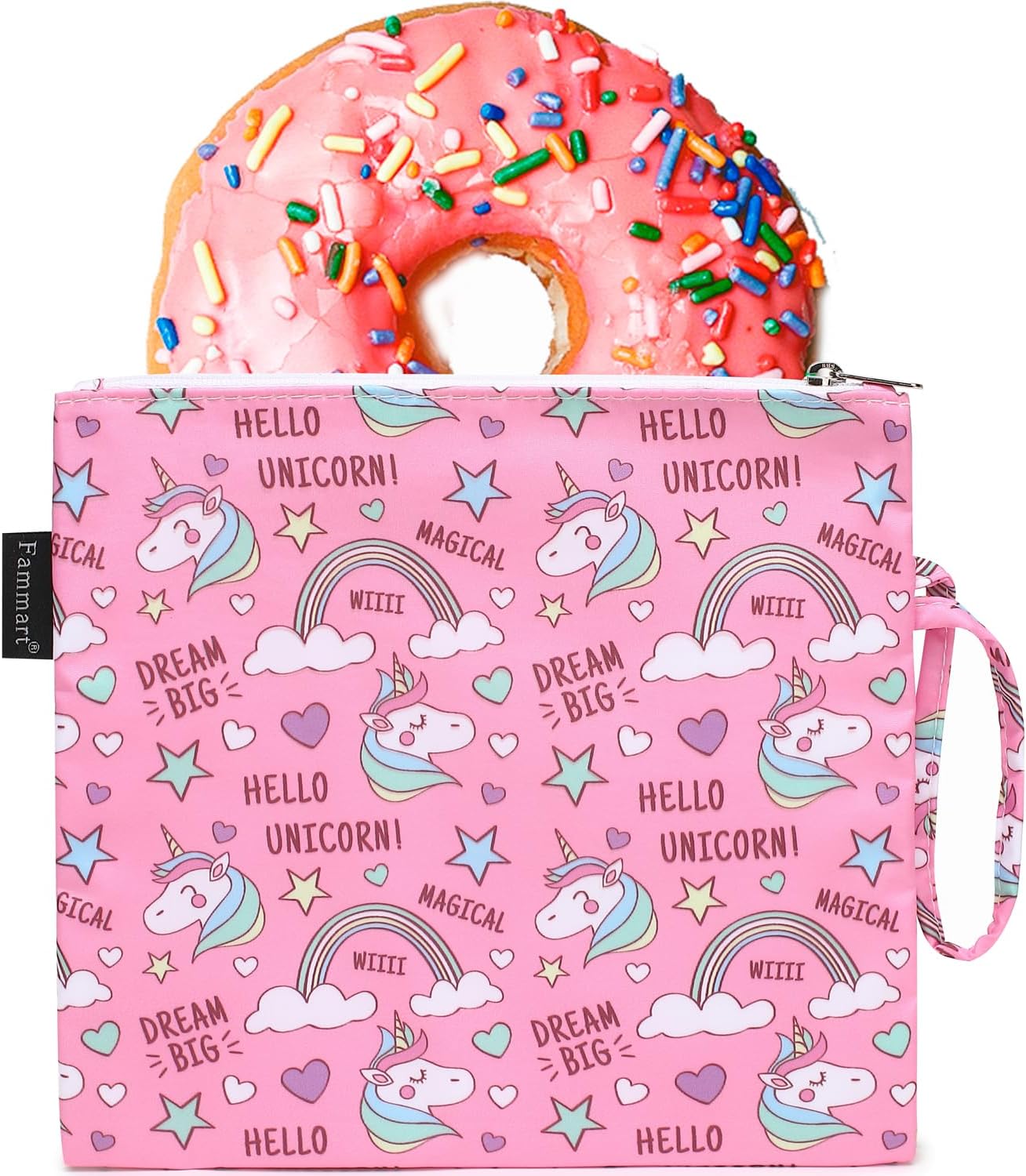 Reusable Sandwich Bag/Snack Bag for Kids & Adults, Dual Layer Lunch Bag with Handle, Washable, Food Safe, BPA Free (1-Pack, Rainbow Unicorn)