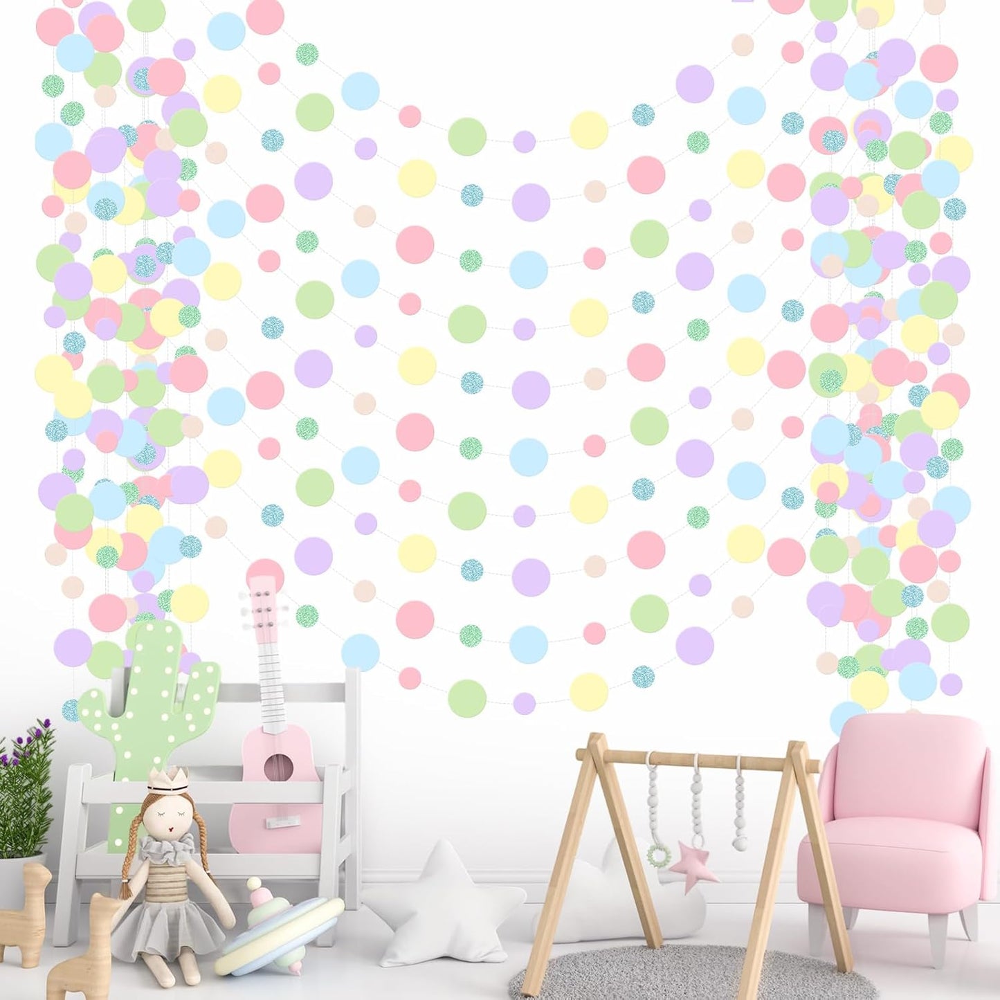 Outus 10 Pieces Colorful Dots Paper Garland Round Glitter Garland Hanging Confetti Streamers Backdrop Decoration for Birthday Classroom Candy Sprinkles Trunk or Treat Party (Pastel)