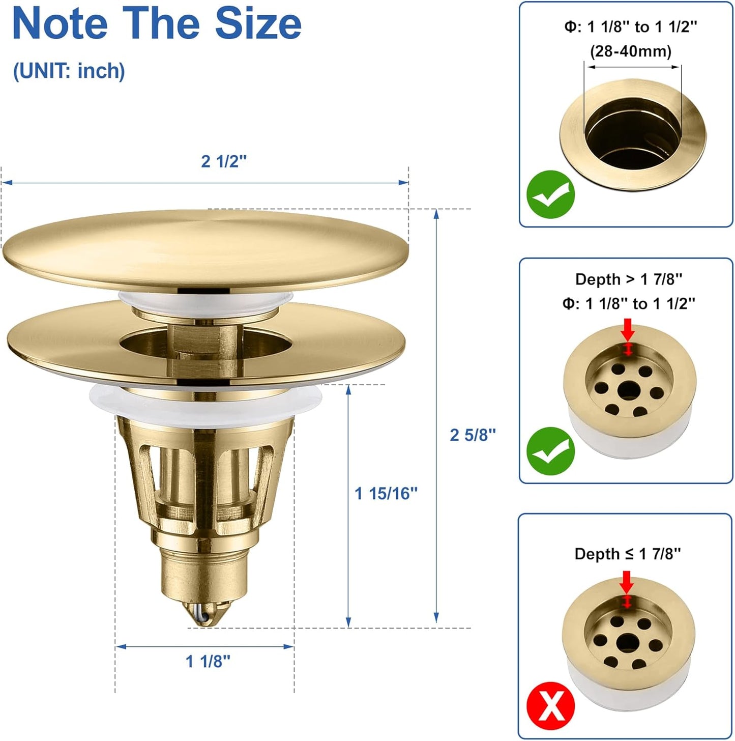 Universal Bathroom Sink Stopper - Pop Up Sink Drain Stopper, Push Button Flixfilter Sink Drain Stopper Replacement, Wash Basin Drain Filter Plug Anti-Clogging Basket, Brushed Gold