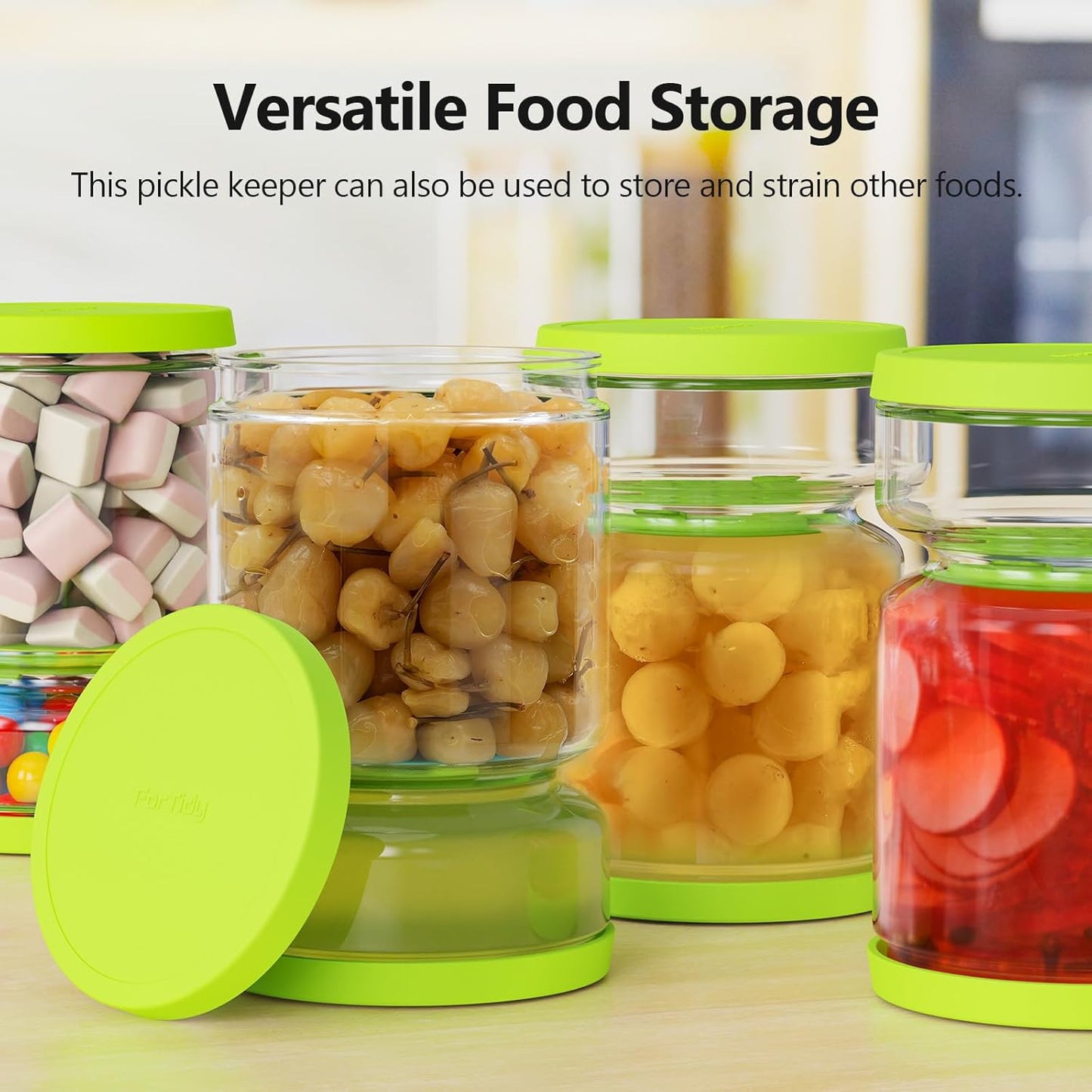 Glass Pickle and Olive Container - 50 OZ Airtight Jar with Strainer for Pickle Lover, Kitchen Organization Must-Have Versatile Food Keeper, BPA Free, Dishwasher Safe (Green Yellow)