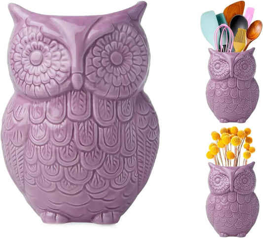 Comfify Owl Utensil Holder Decorative Ceramic Cookware Crock & Organizer, in Lovely Purple Color - Utensil Caddy and Perfect Kitchen Ceramic Decor Gift - 5” x 7” x 4” Compact & Cute