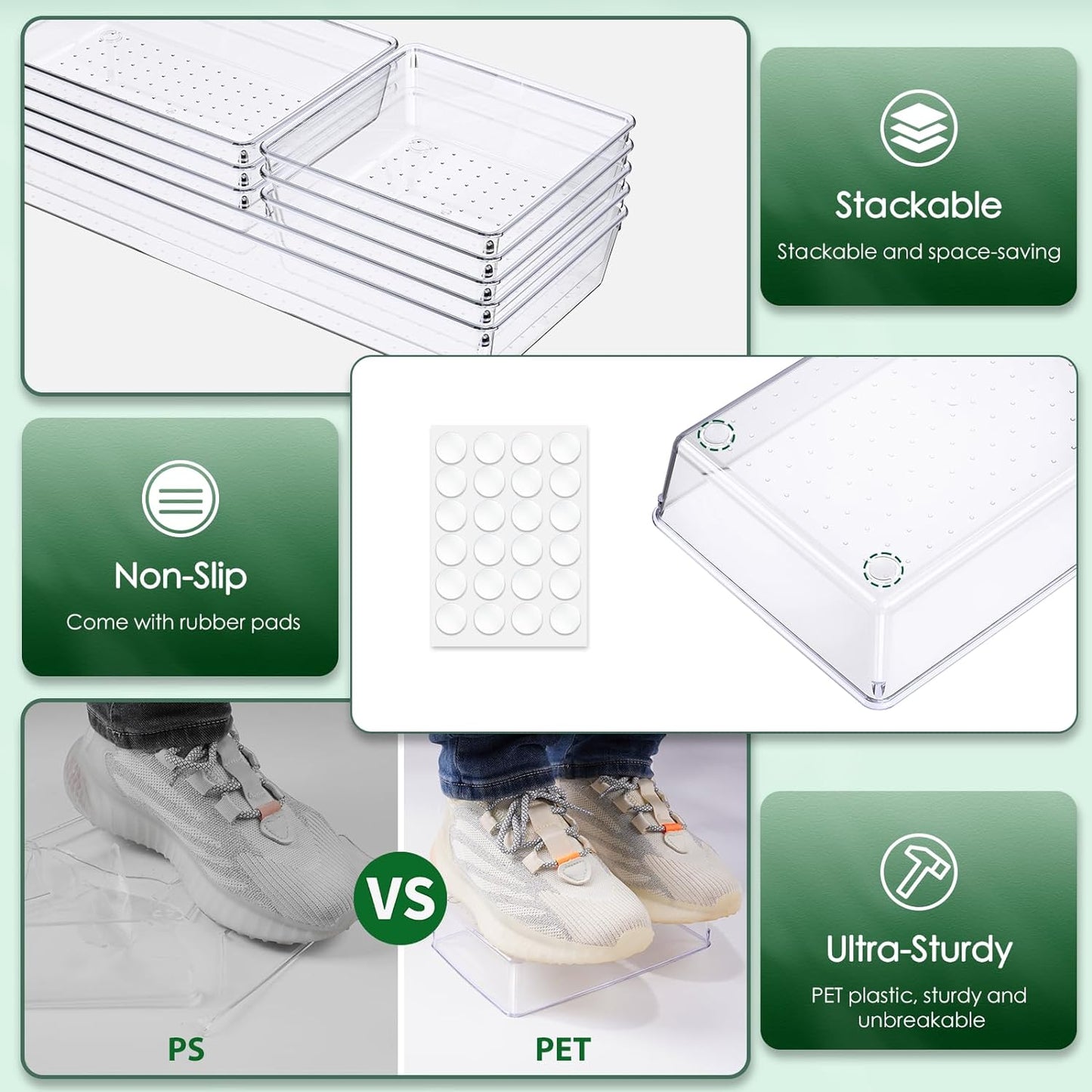 Criusia Drawer Organizer Set, Acrylic Non Slip Non Cracking Kitchen Drawer Storage Tray Large Size Divider, Multifunctional Storage for Cosmetics, Bathroom, Tools, Kitchen and Office (8 PACK)